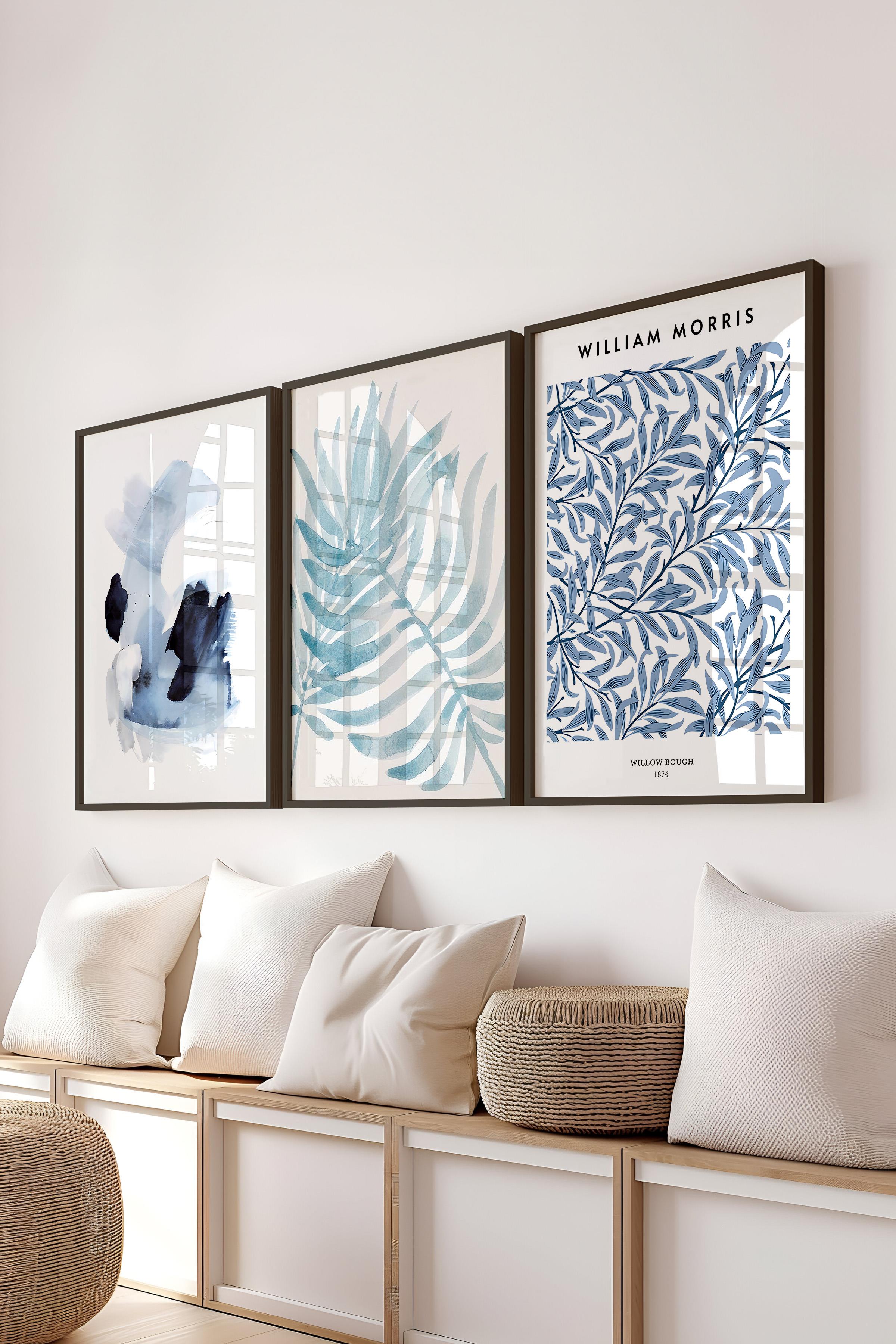 Siyah Çerçeveli Tablo Seti, Soft Mavi William Morris Duvar Tablosu, 3 Adet Poster Seti, No:300786