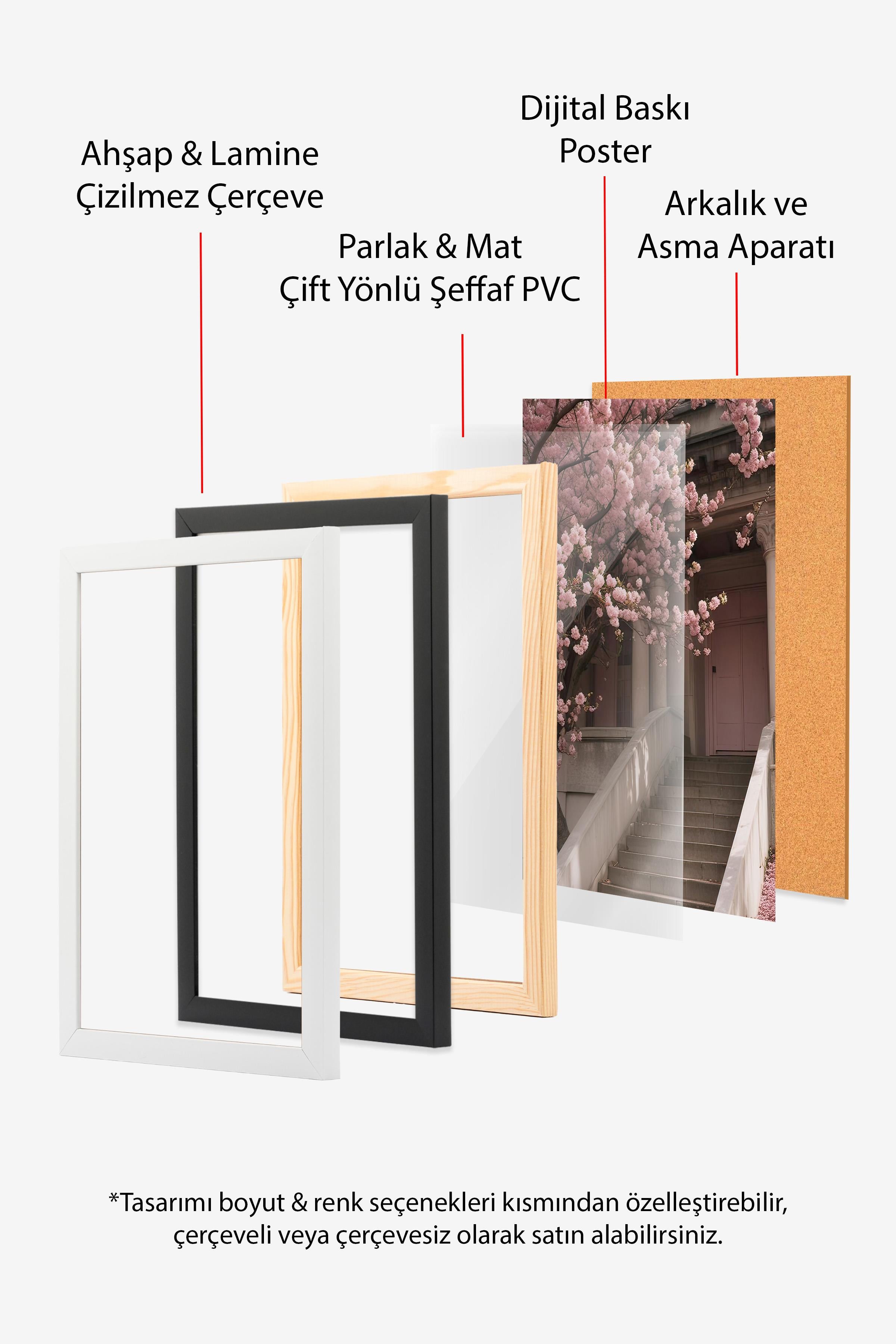Siyah Çerçeveli Tablo Seti, Soft Pembe Duvar Tablosu, 3 Adet Poster Seti, No:300710