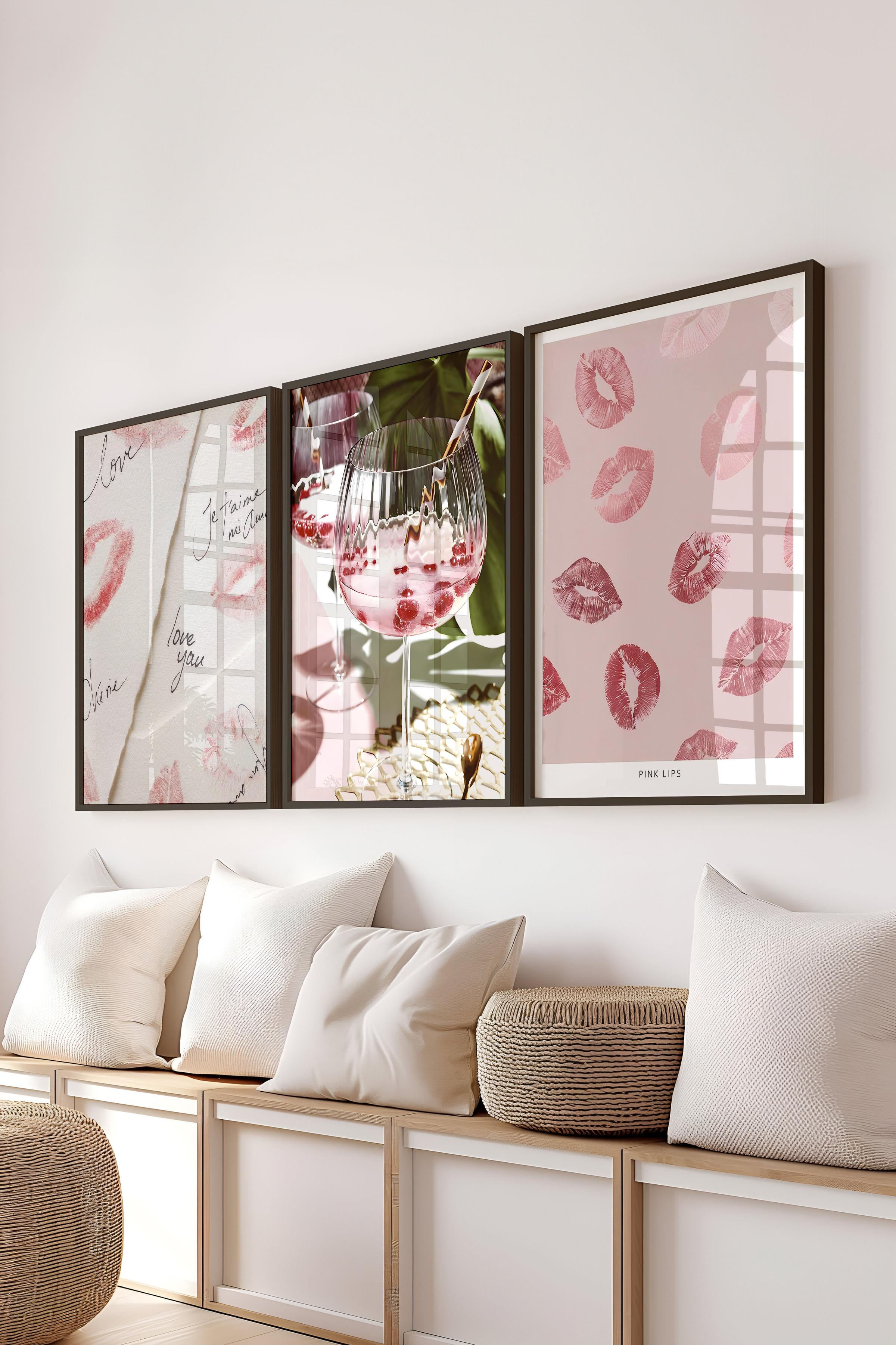 Siyah Çerçeveli Tablo Seti, Soft Pembe Duvar Tablosu, 3 Adet Poster Seti, No:300715