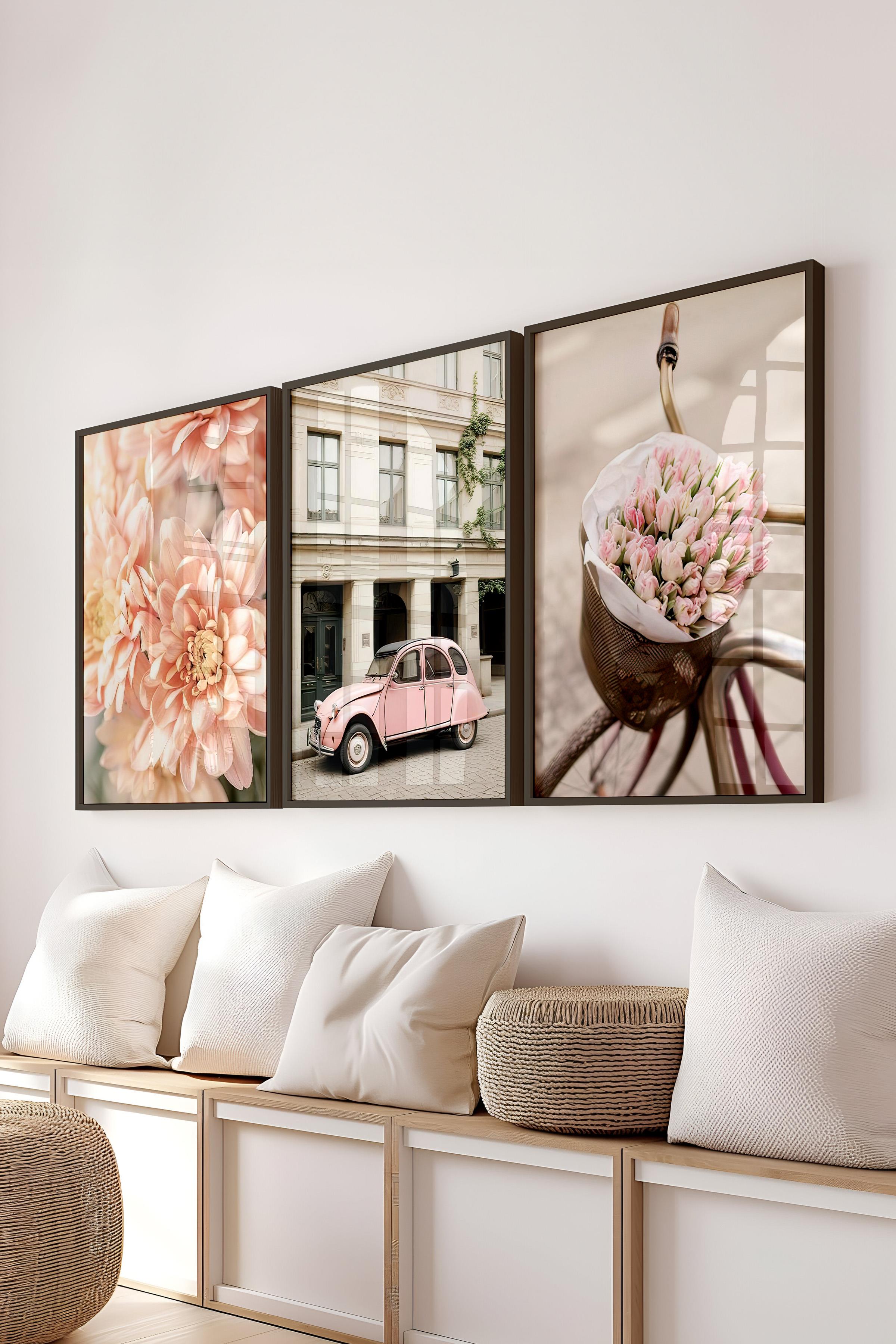 Siyah Çerçeveli Tablo Seti, Soft Pembe Duvar Tablosu, 3 Adet Poster Seti, No:300718