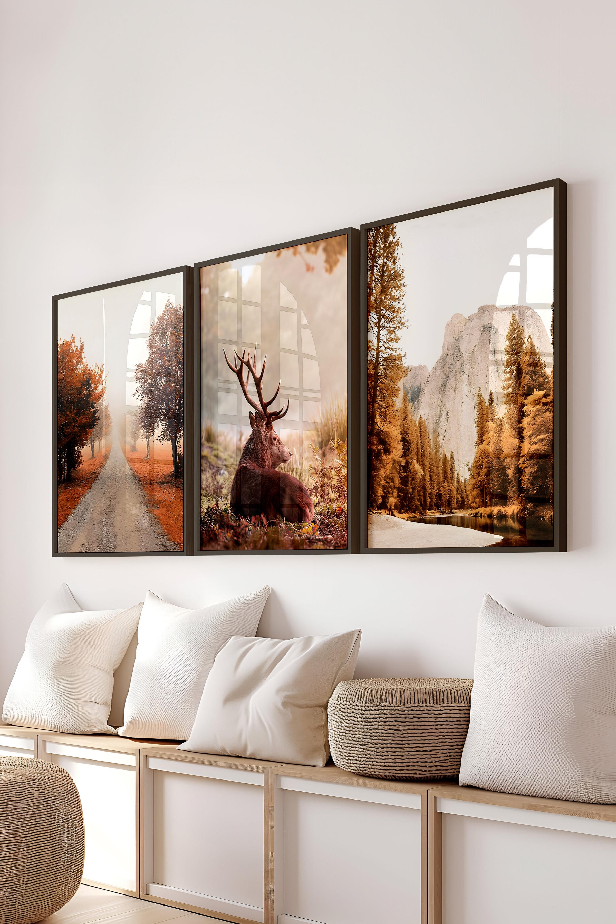 Siyah Çerçeveli Tablo Seti, Sonbahar Fotoğrafları Duvar Tablosu, 3 Adet Poster Seti, No:300705