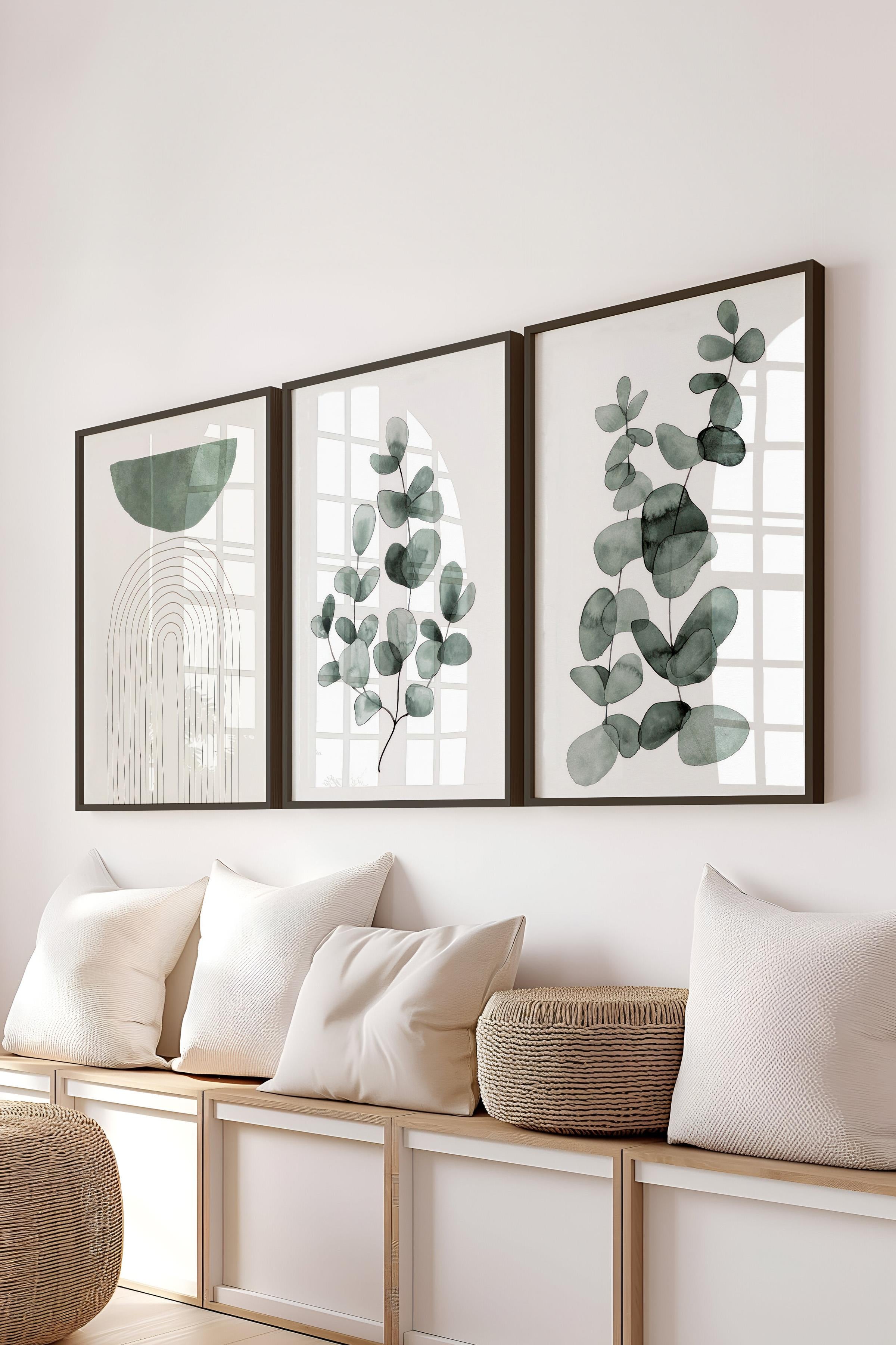 Siyah Çerçeveli Tablo Seti, Yeşil Çiçek ve Boho Duvar Tablosu, 3 Adet Poster Seti, No:300747