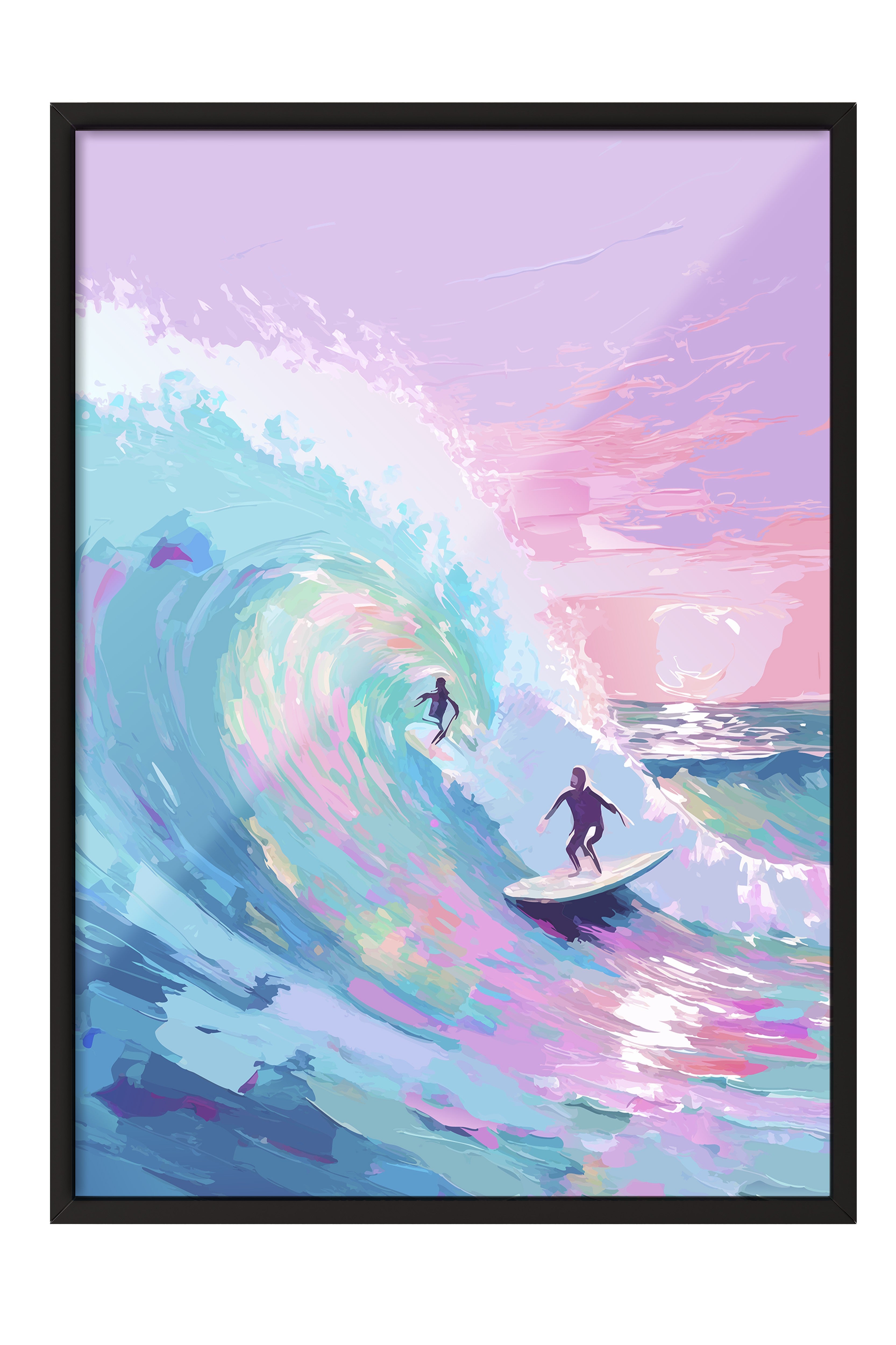 Siyah Çerçeveli Tablo, Sörfçü, Dalga, Okyanus, illüstrasyon, Impressionist, Mavi, Pembe Renk Poster, 2025 Yaz Seçkisi, NO:109864