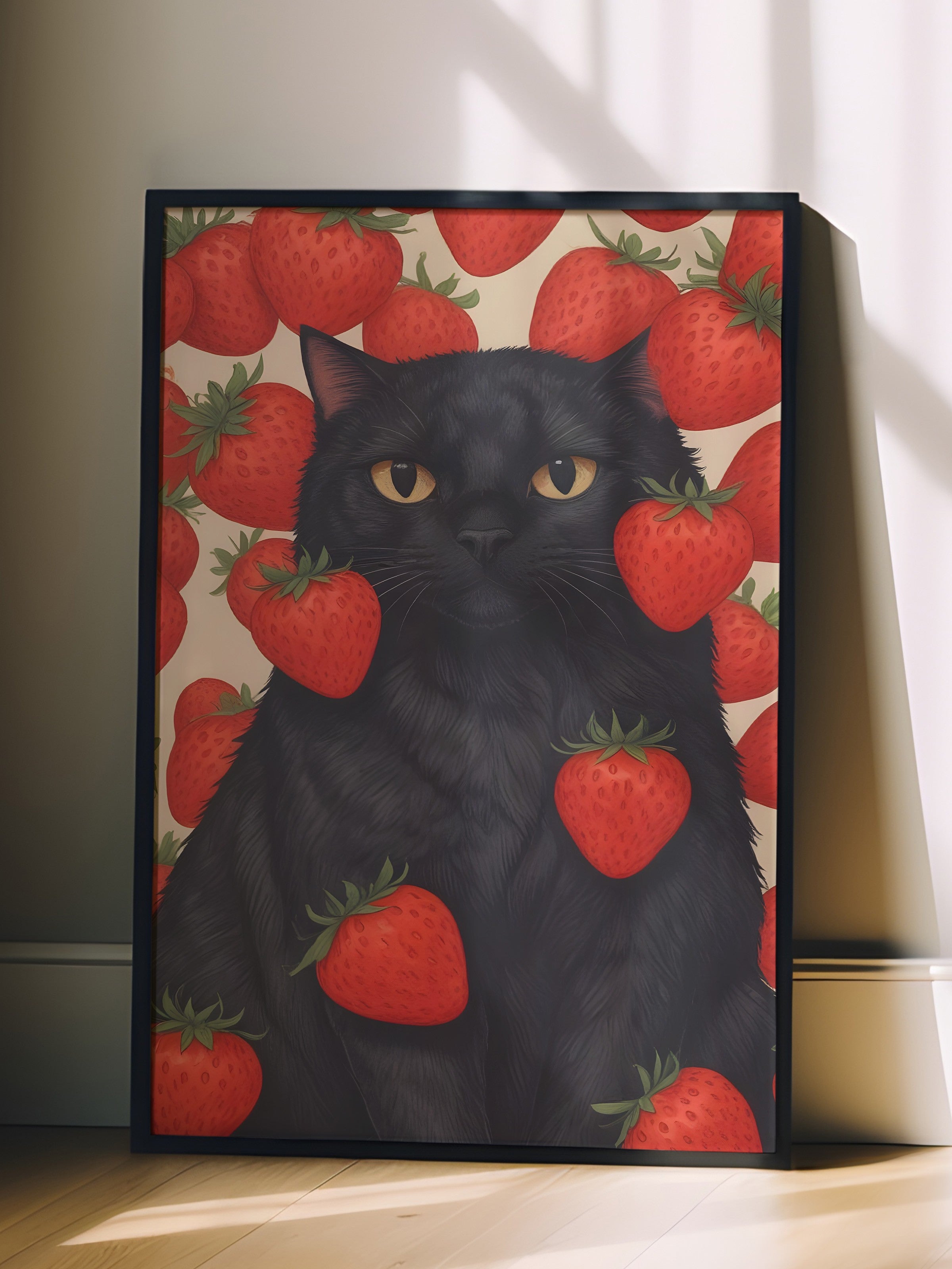 Siyah Çerçeveli Tablo, Strawberry Cat, Comfort Serisi Mutfak Duvar Tablosu, NO:109108