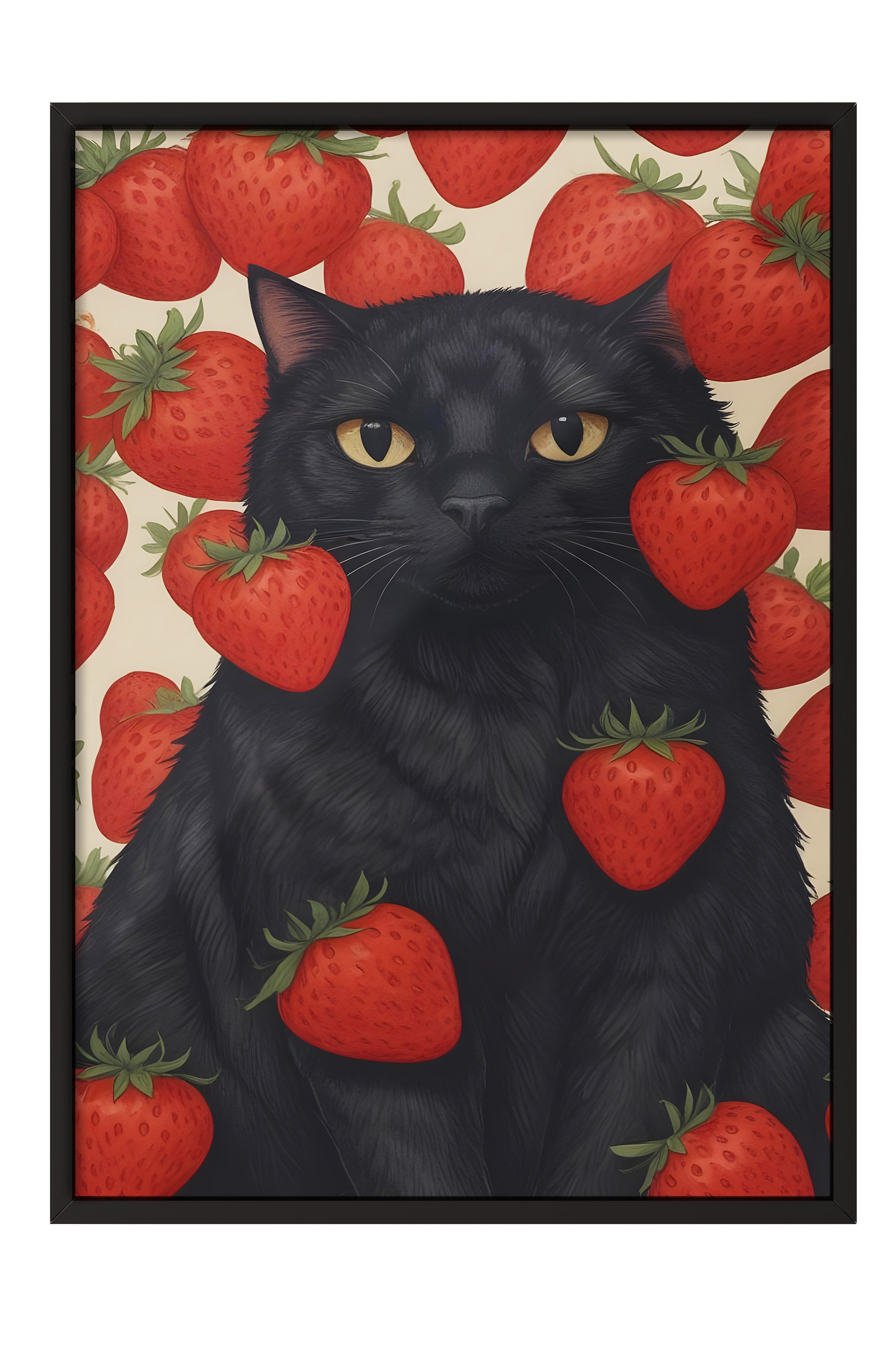 Siyah Çerçeveli Tablo, Strawberry Cat, Comfort Serisi Mutfak Duvar Tablosu, NO:109108