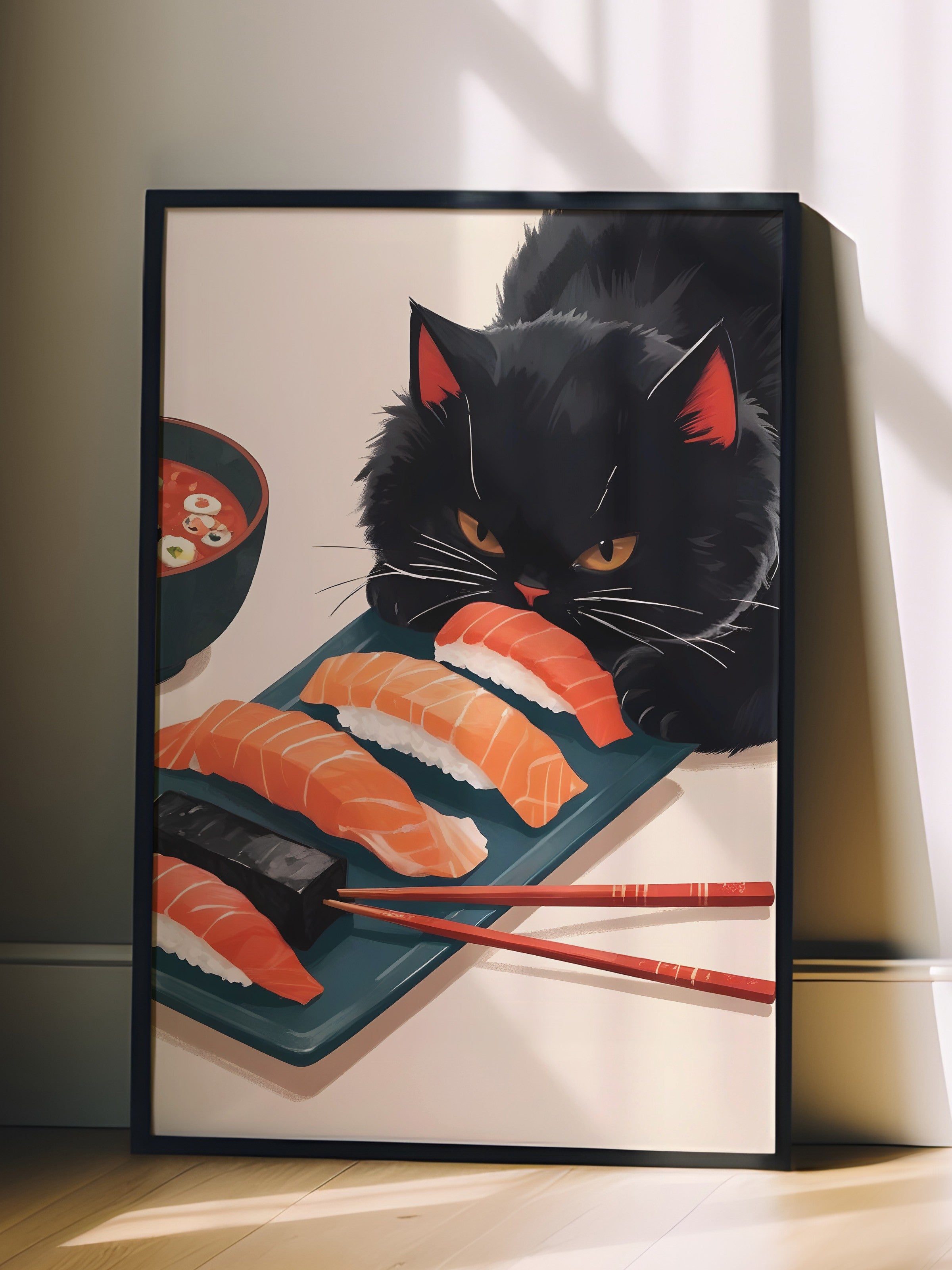 Siyah Çerçeveli Tablo, Sushi Warrior, Comfort Serisi Mutfak Duvar Tablosu, NO:109162