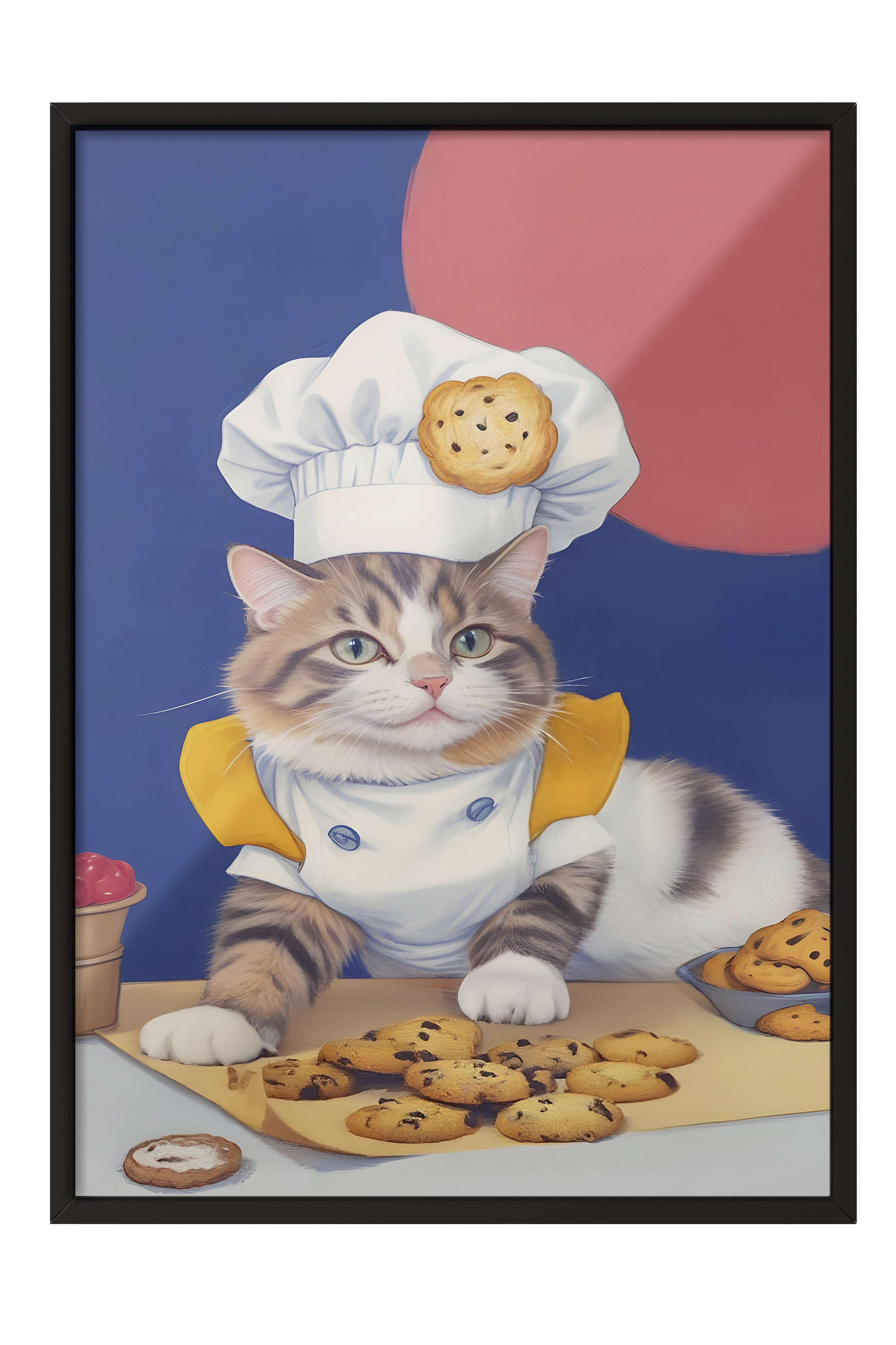 Siyah Çerçeveli Tablo, The Chef Cat of Cookies, Comfort Serisi Mutfak Duvar Tablosu, NO:109104