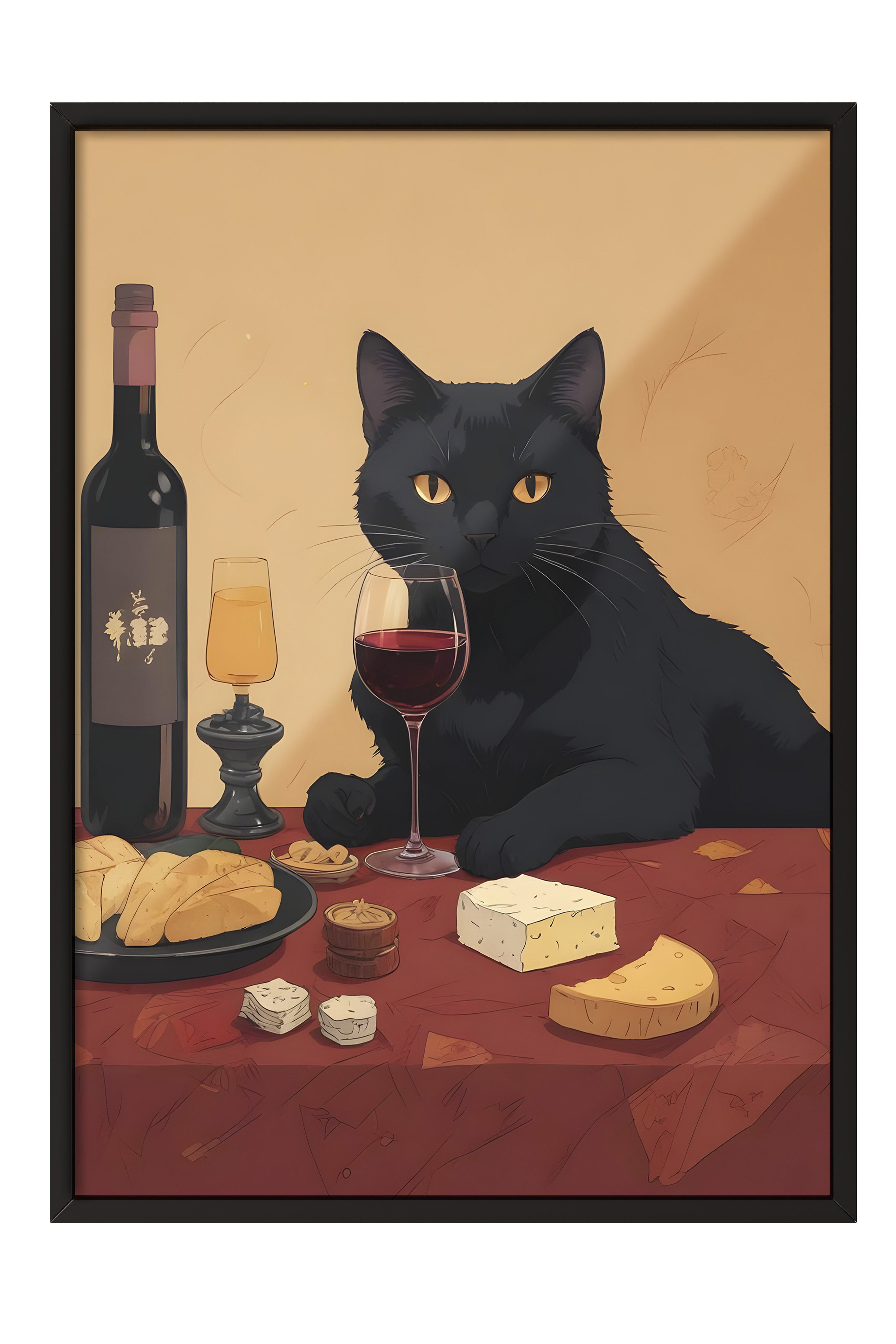 Siyah Çerçeveli Tablo, Wine & Cat, Comfort Serisi Mutfak Duvar Tablosu, NO:109060