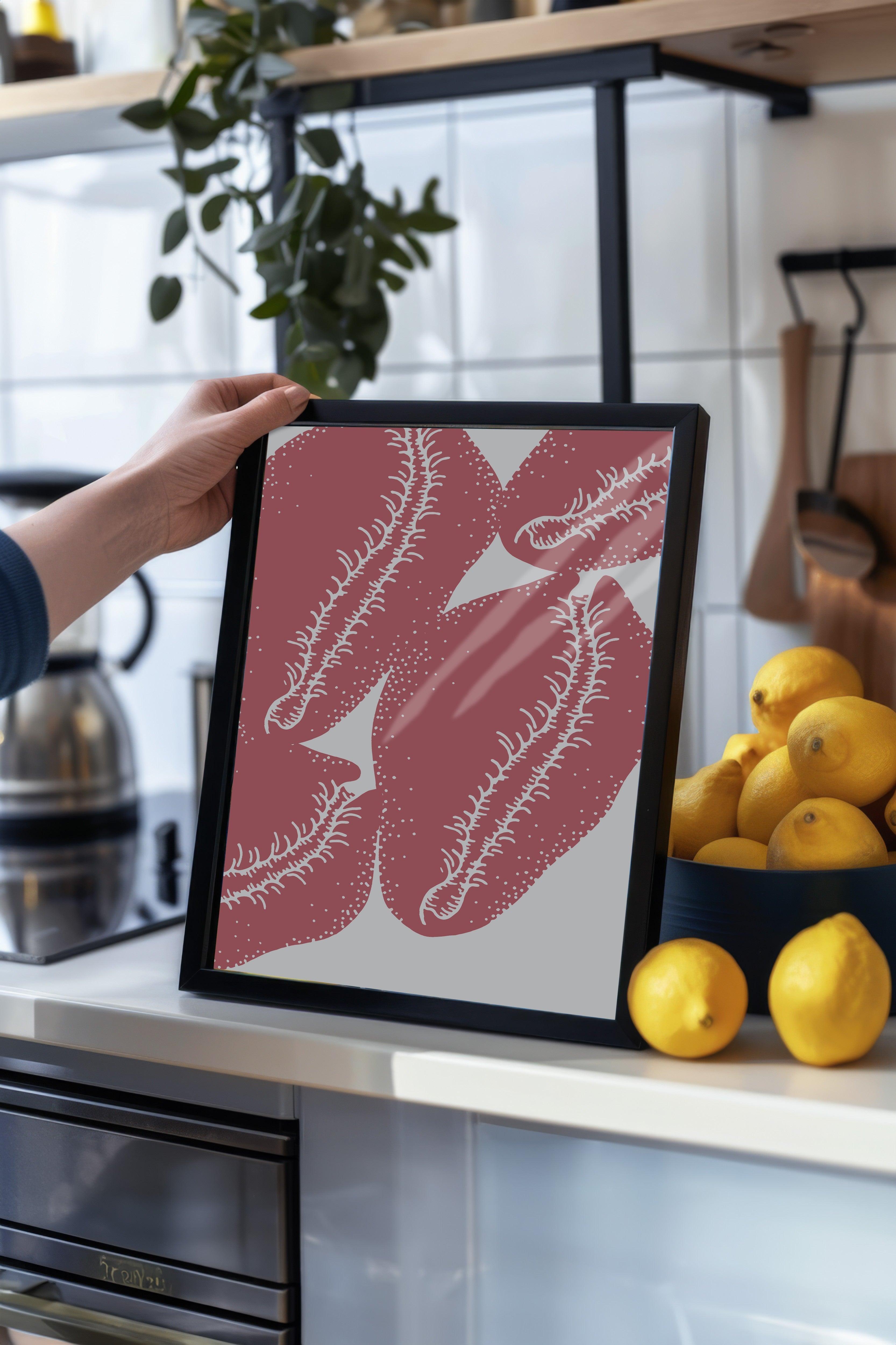 Siyah Çerçeveli Tablo, Yapraklar, illüstrasyon, Pembe, Beyaz Renk Poster, 2025 Yaz Seçkisi, NO:109847