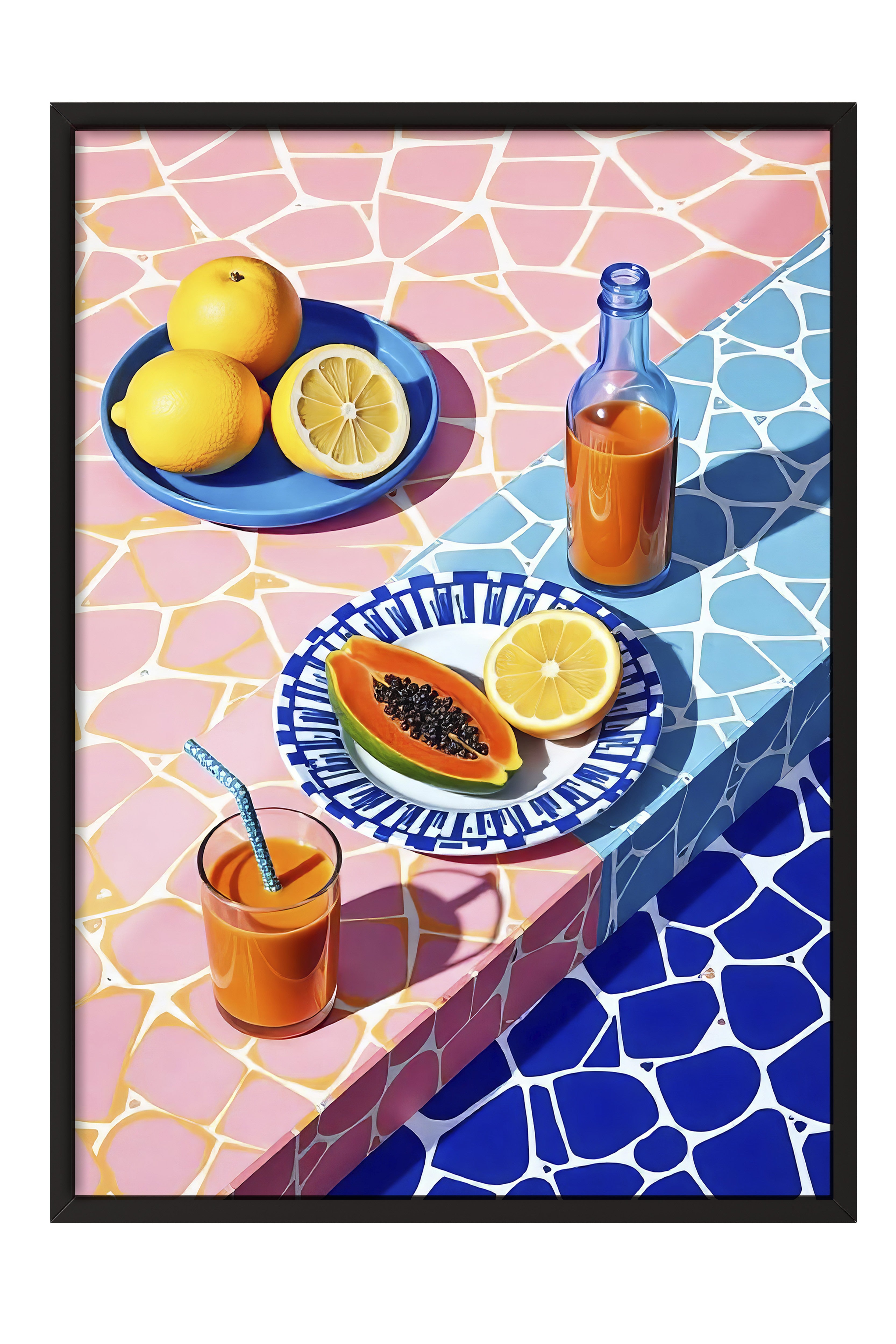 Siyah Çerçeveli Tablo, Yaz Havası, İllüstrasyon, Maximalist, Mavi Renk Poster, 2025 Yaz Seçkisi, NO:109782