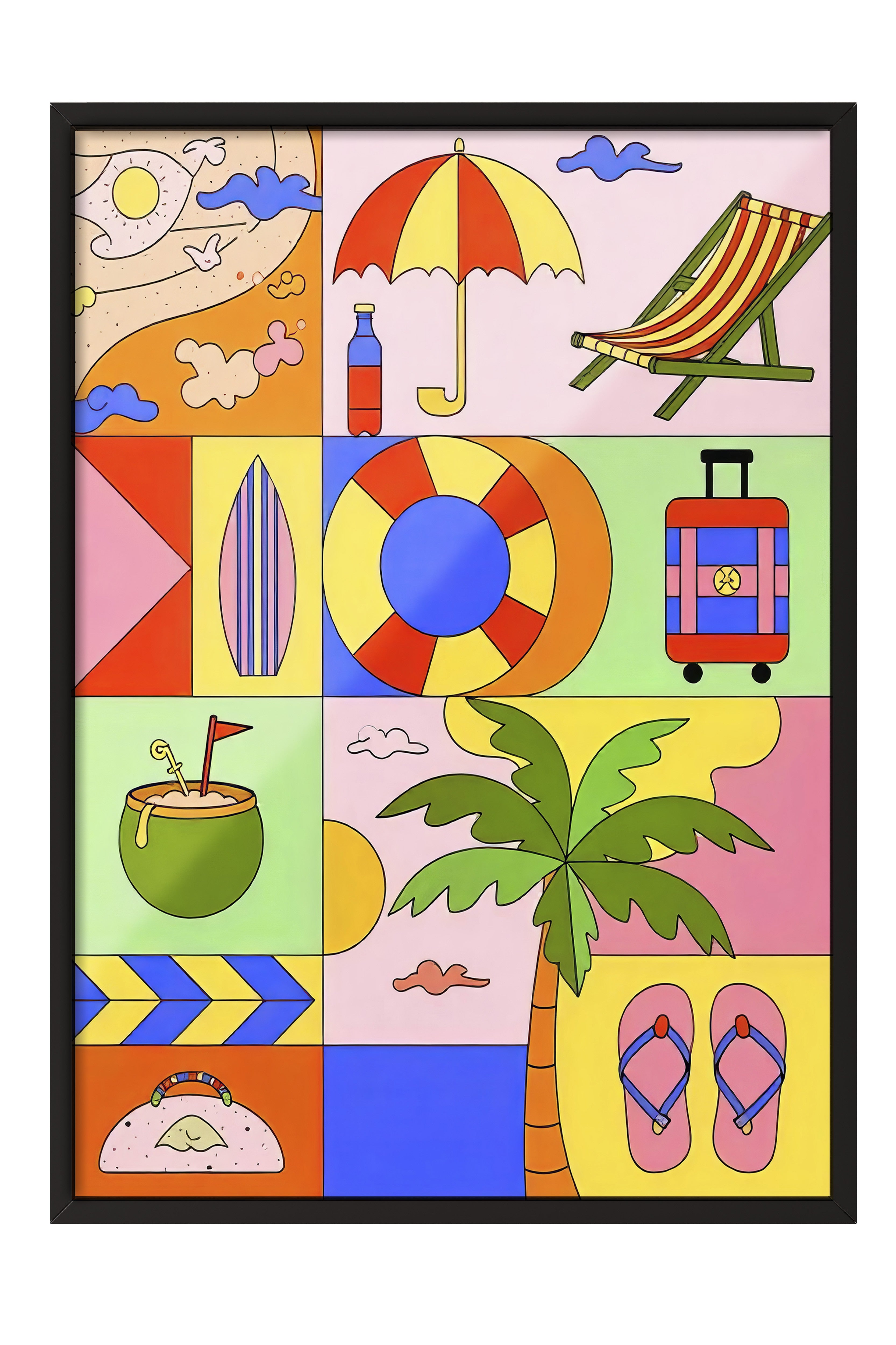 Siyah Çerçeveli Tablo, Yaz Öğeleri, İllüstrasyon Maximalist, Pembe Renk Poster, 2025 Yaz Seçkisi, NO:109755