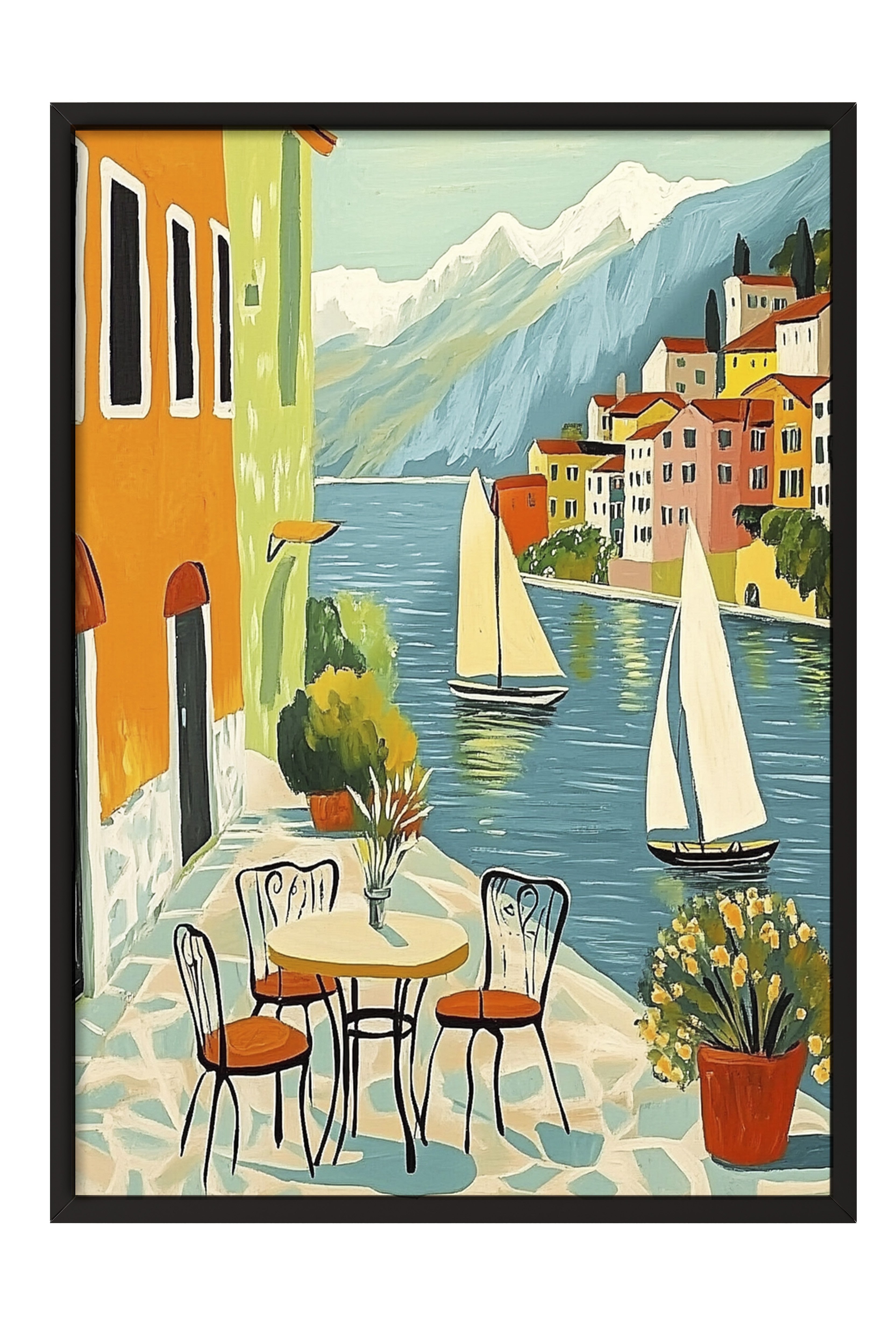 Siyah Çerçeveli Tablo, Yelkenliler, Sandalyeler, Binalar, İzlenimci, Vintage, Mavi, Toprak Tonları Renk Poster, 2025 Yaz Seçkisi, NO:109796