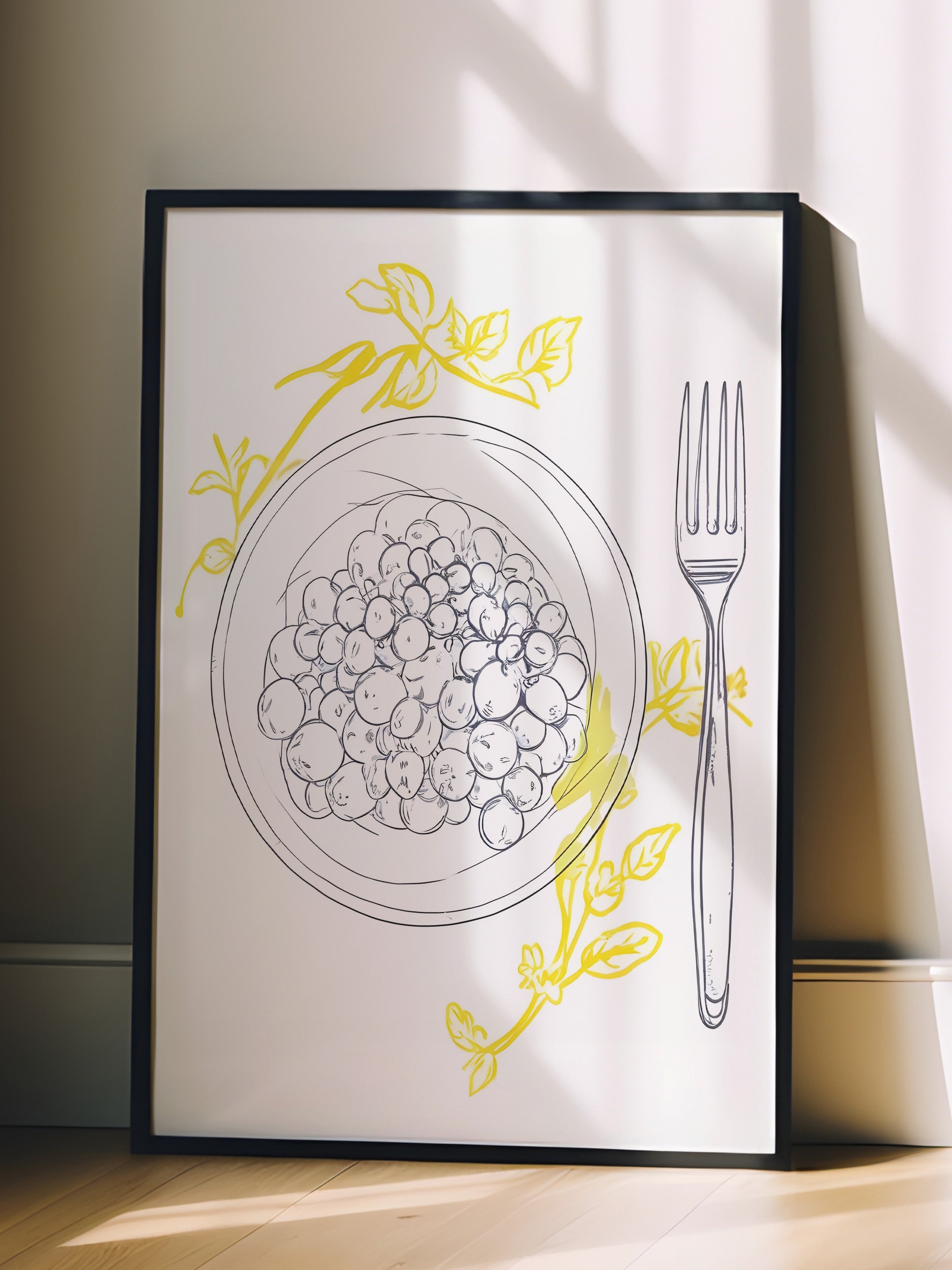 Siyah Çerçeveli Tablo, Yellow Flowers Around Plate, Comfort Serisi Mutfak Duvar Tablosu, NO:109141