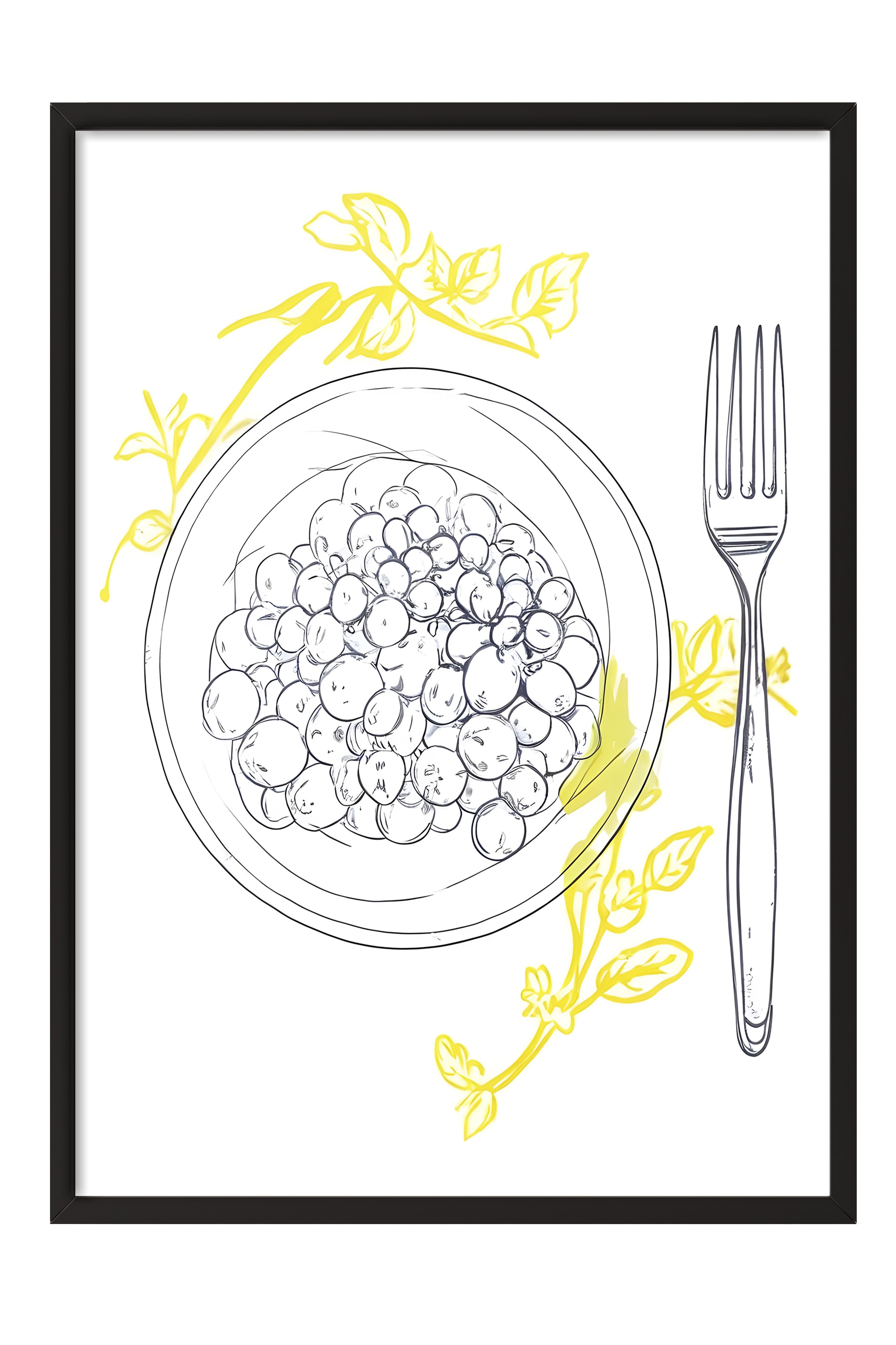 Siyah Çerçeveli Tablo, Yellow Flowers Around Plate, Comfort Serisi Mutfak Duvar Tablosu, NO:109141