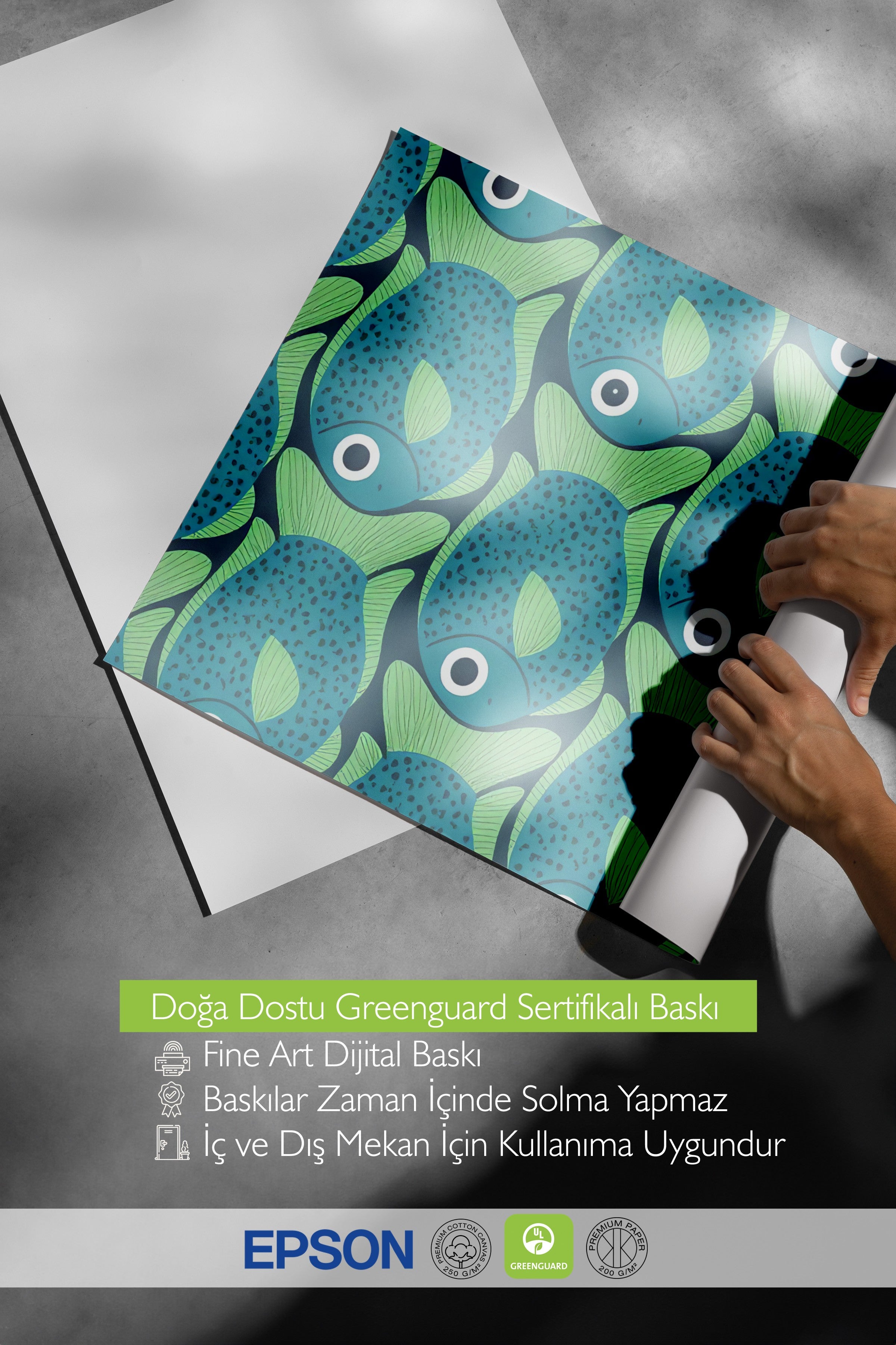 Siyah Çerçeveli Tablo, Yeşil Balıklar, İllüstrasyon, Yeşil Renk Poster, 2025 Yaz Seçkisi, NO:109738