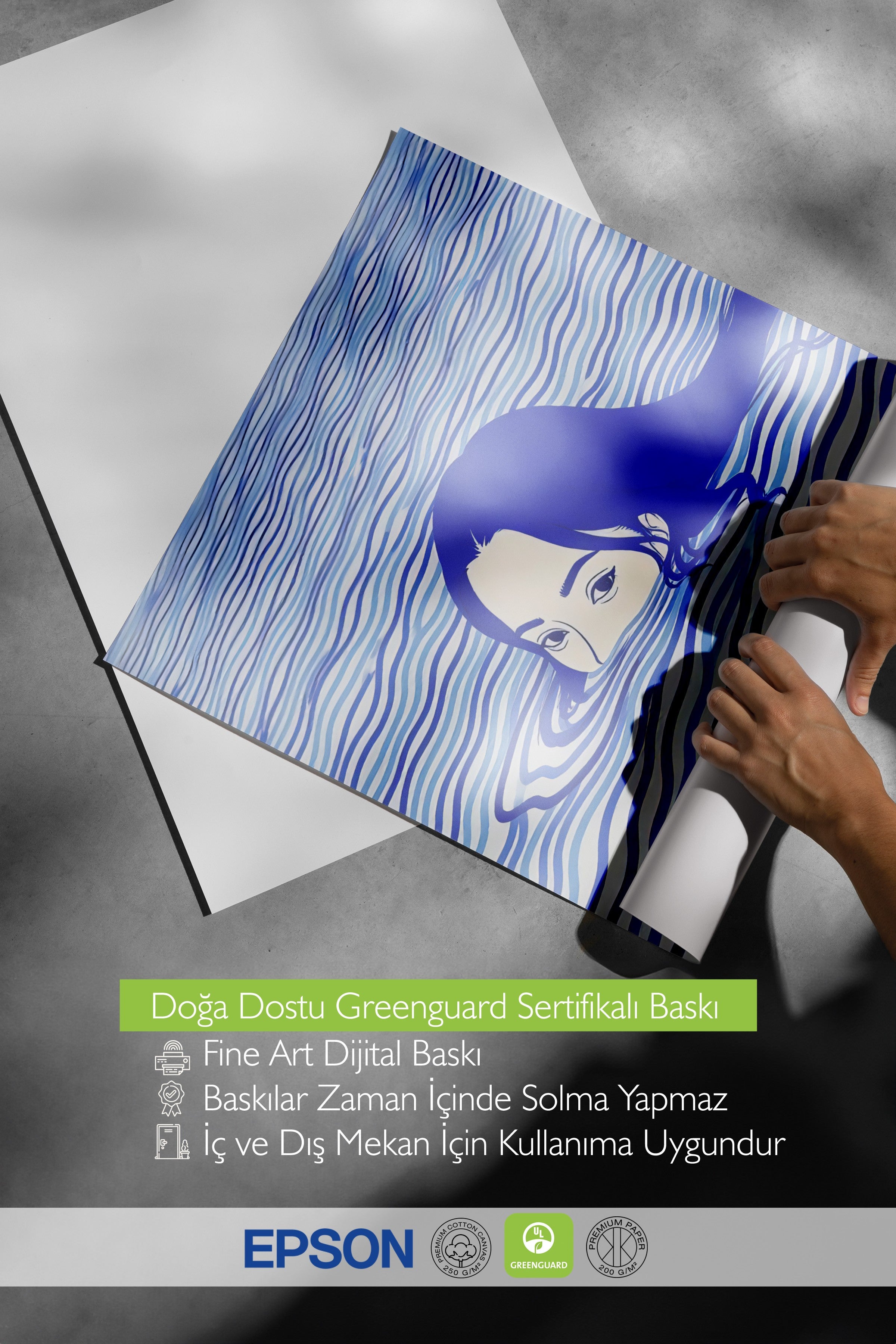 Siyah Çerçeveli Tablo, Yüzen Kadın, İllüstrasyon, Mavi Renk Poster, 2025 Yaz Seçkisi, NO:109719