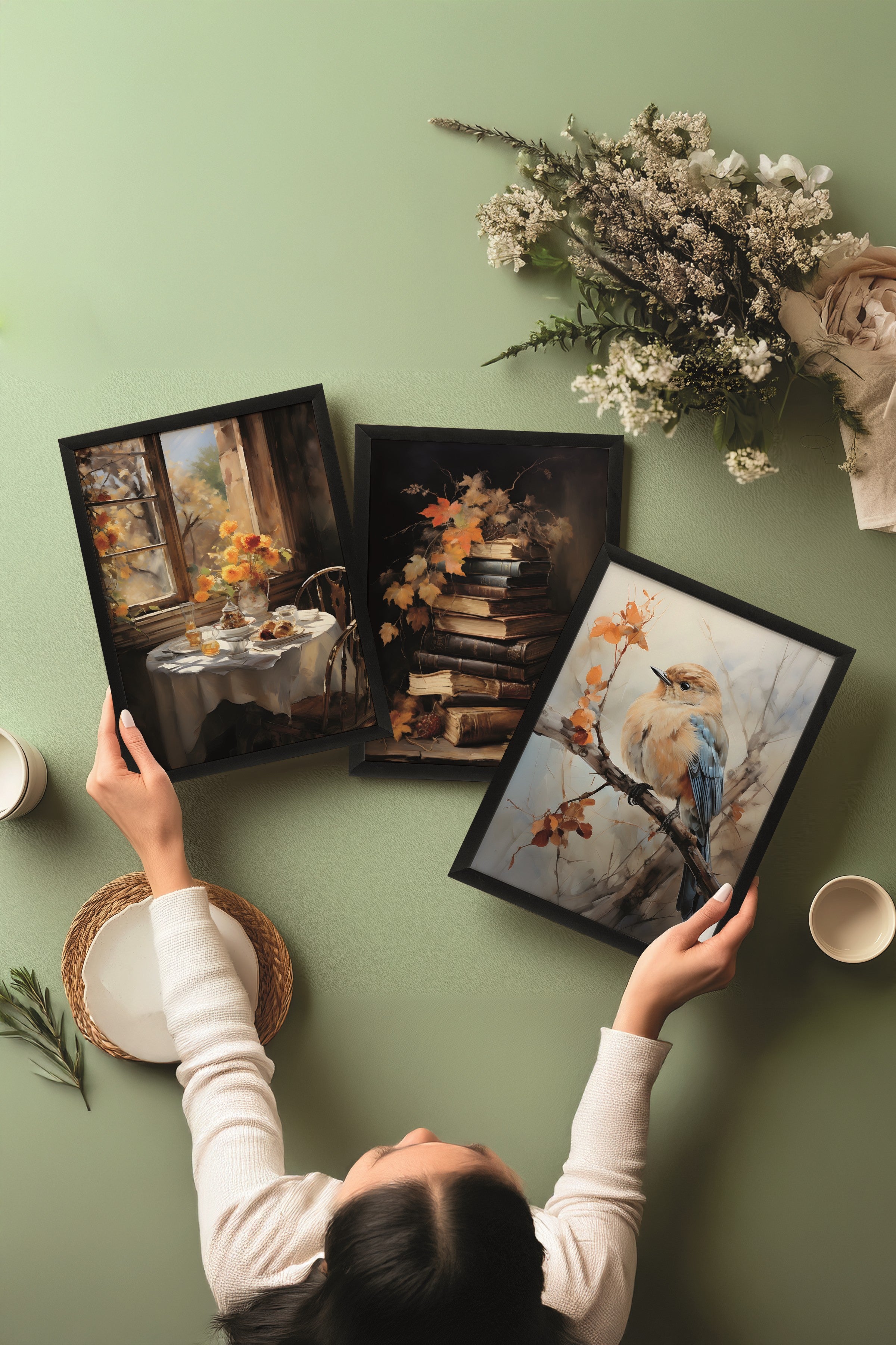 Siyah Tablo Seti, 3 Adet Siyah Çerçeveli Poster Autumn Birds Model No:300875, Kahverengi ve Turuncu