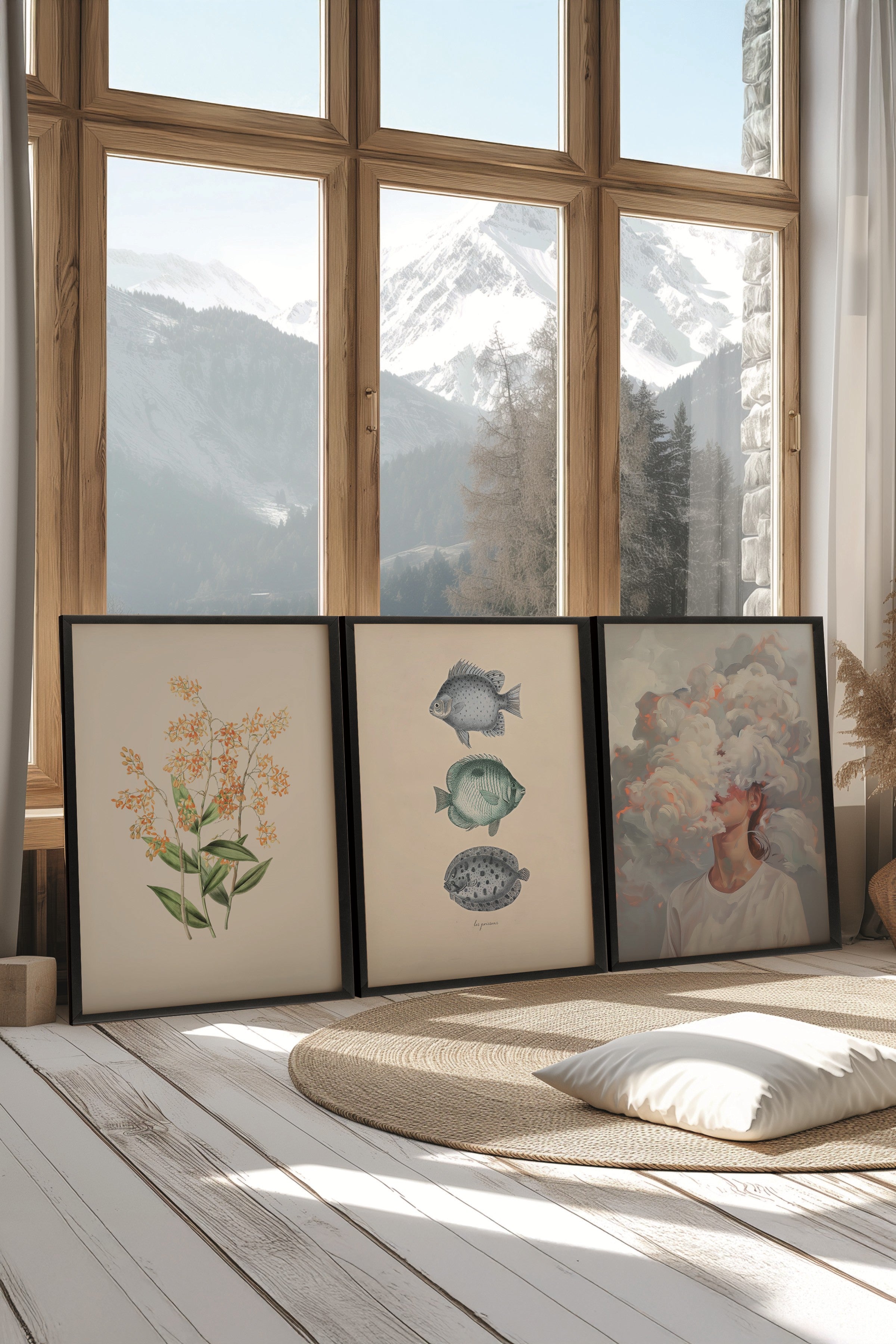 Siyah Tablo Seti, 3 Adet Siyah Çerçeveli Poster Cloudy Head Model No:300865, Beyaz Duvar Dekoru