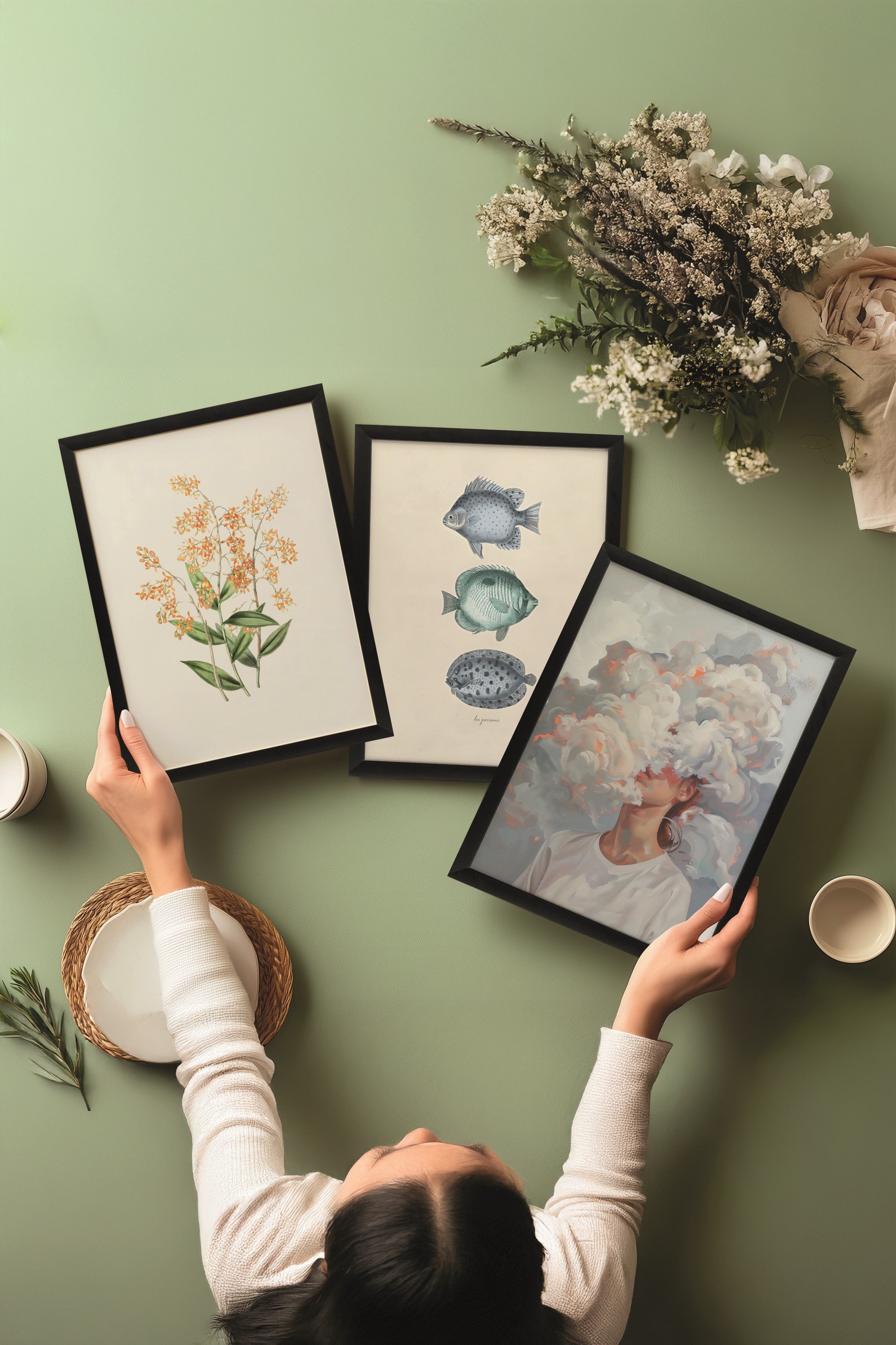 Siyah Tablo Seti, 3 Adet Siyah Çerçeveli Poster Cloudy Head Model No:300865, Beyaz Duvar Dekoru