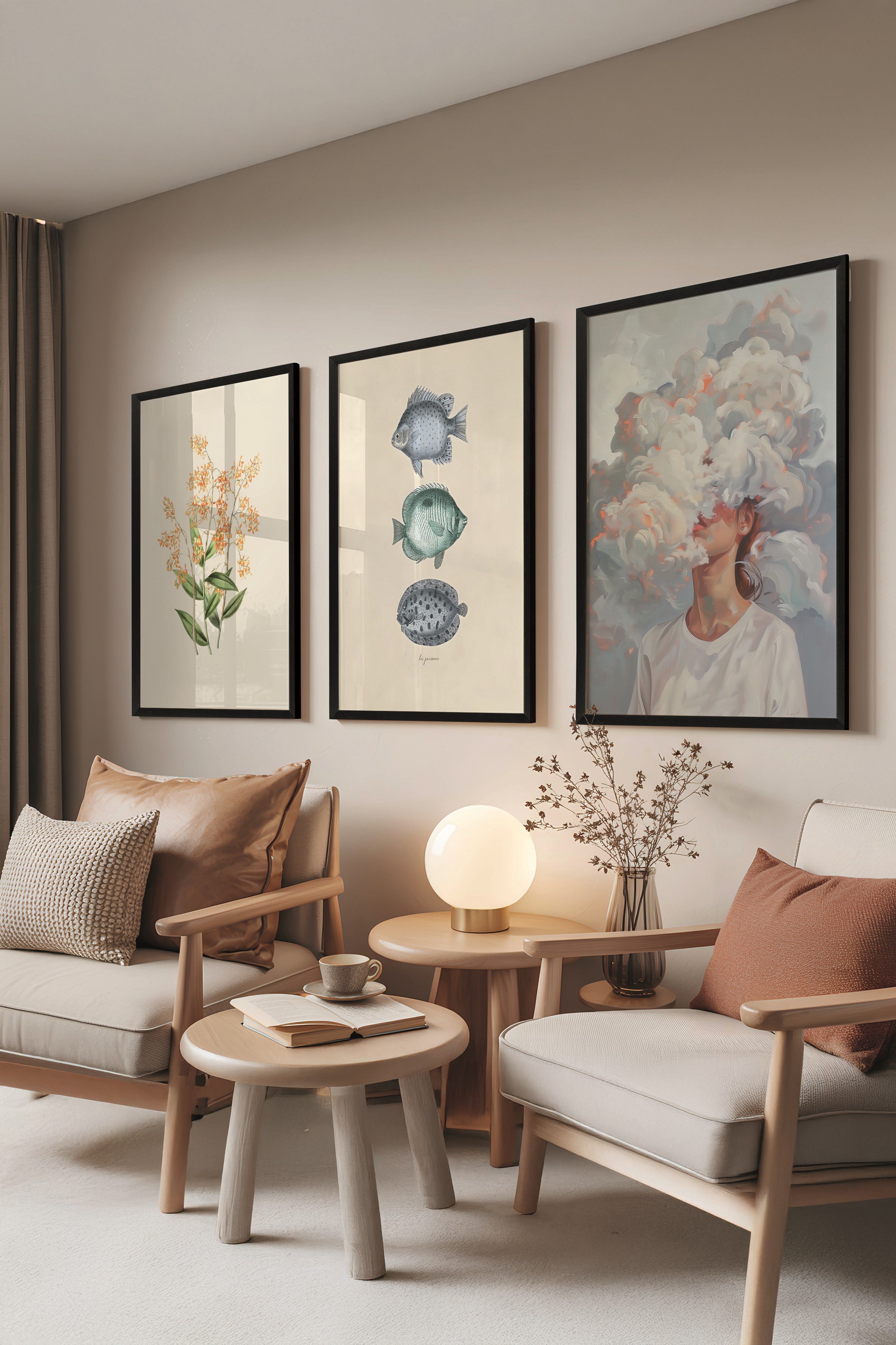 Siyah Tablo Seti, 3 Adet Siyah Çerçeveli Poster Cloudy Head Model No:300865, Beyaz Duvar Dekoru