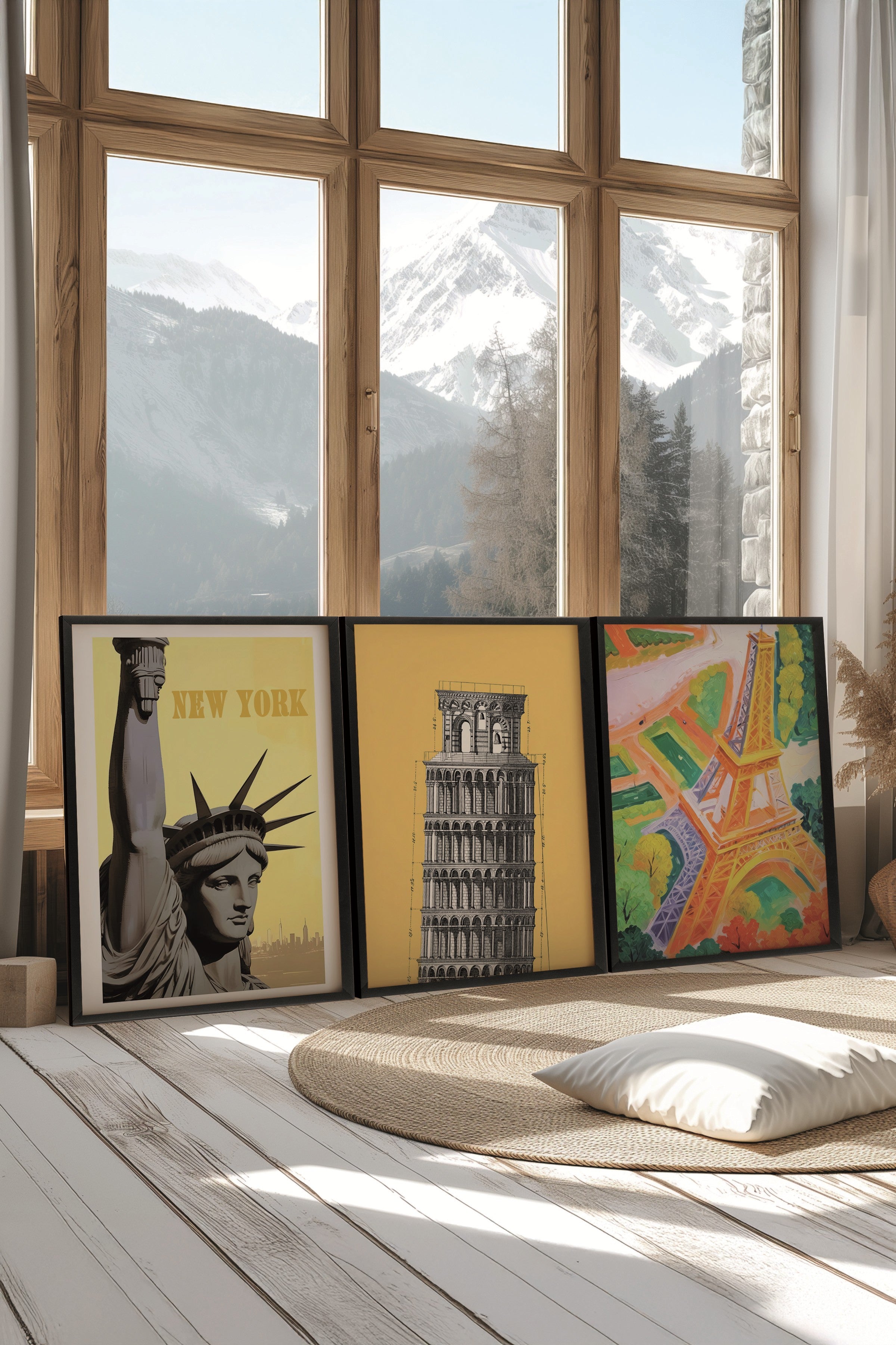 Siyah Tablo Seti, 3 Adet Siyah Çerçeveli Poster Colorfull Cities Model No:300816, Sarı Duvar Dekoru