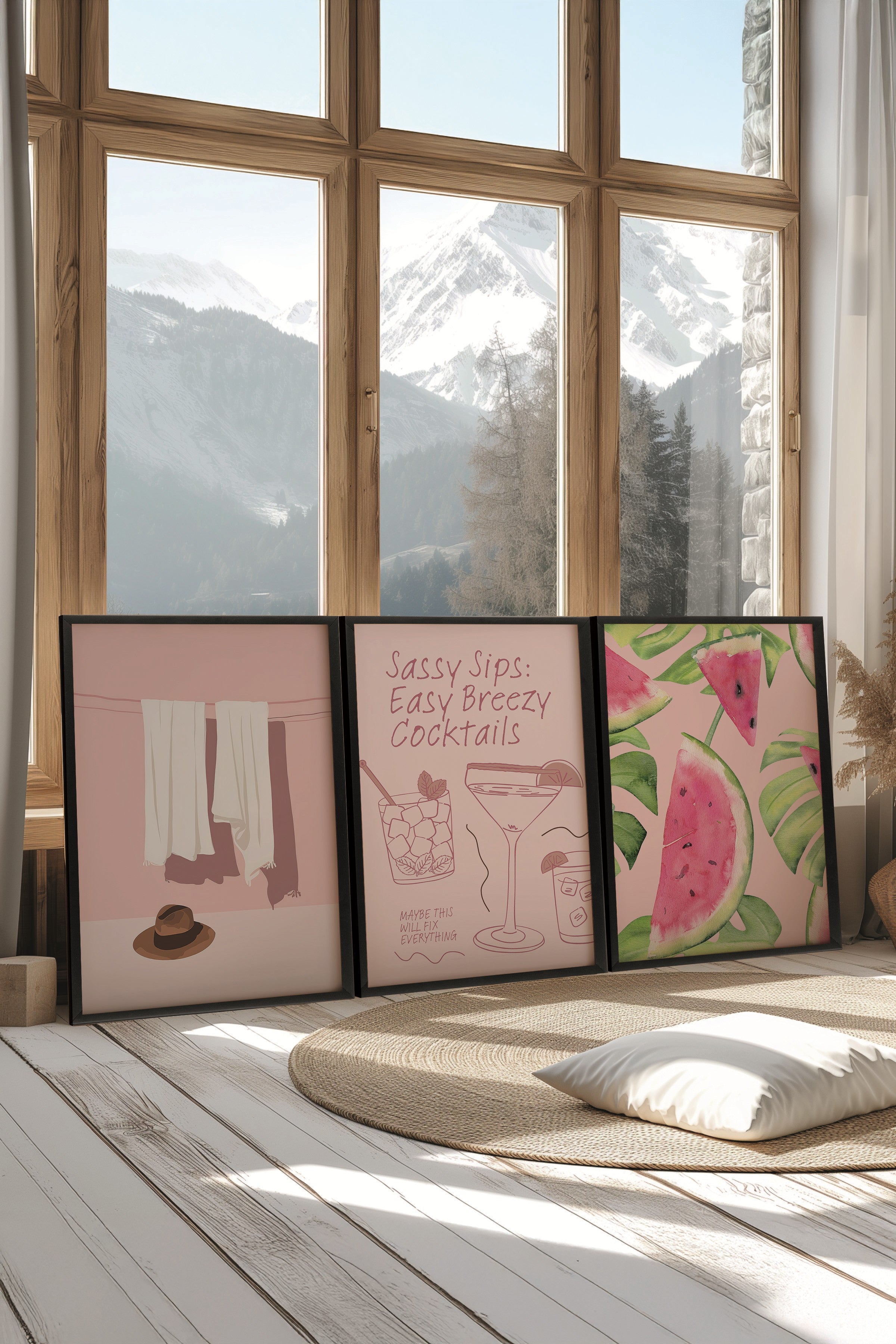 Siyah Tablo Seti, 3 Adet Siyah Çerçeveli Poster Easy Breezy Model No:300844, Pembe Duvar Dekoru