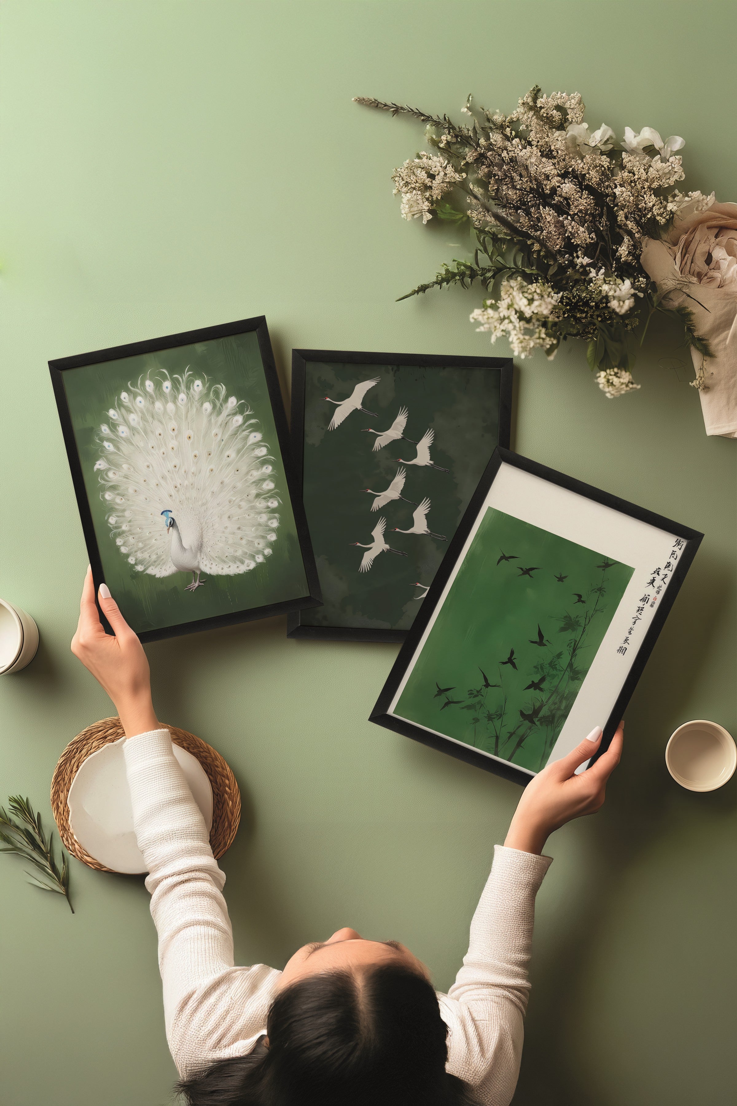 Siyah Tablo Seti, 3 Adet Siyah Çerçeveli Poster Green Art Model No:300817, Yeşil Duvar Dekoru