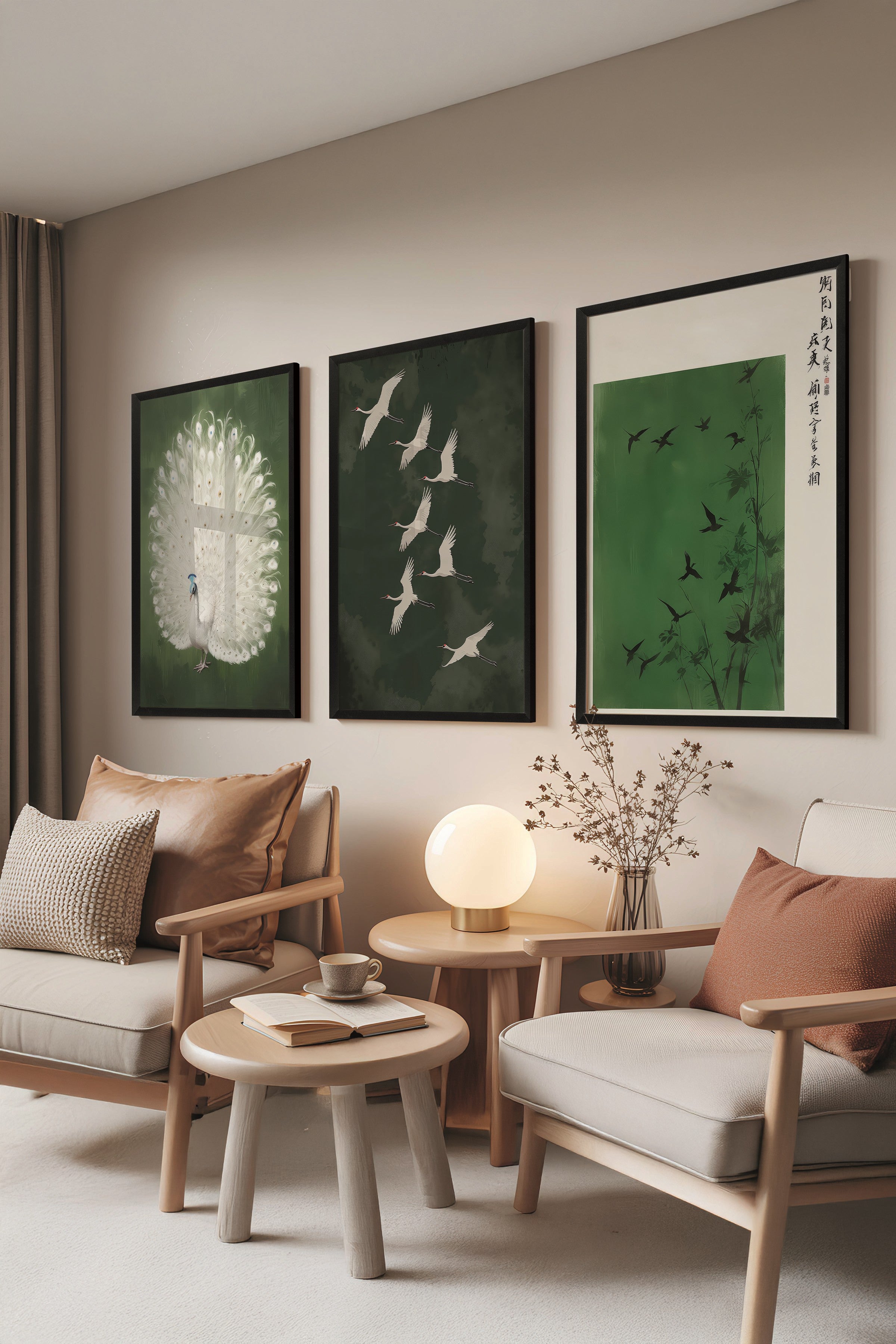 Siyah Tablo Seti, 3 Adet Siyah Çerçeveli Poster Green Art Model No:300817, Yeşil Duvar Dekoru