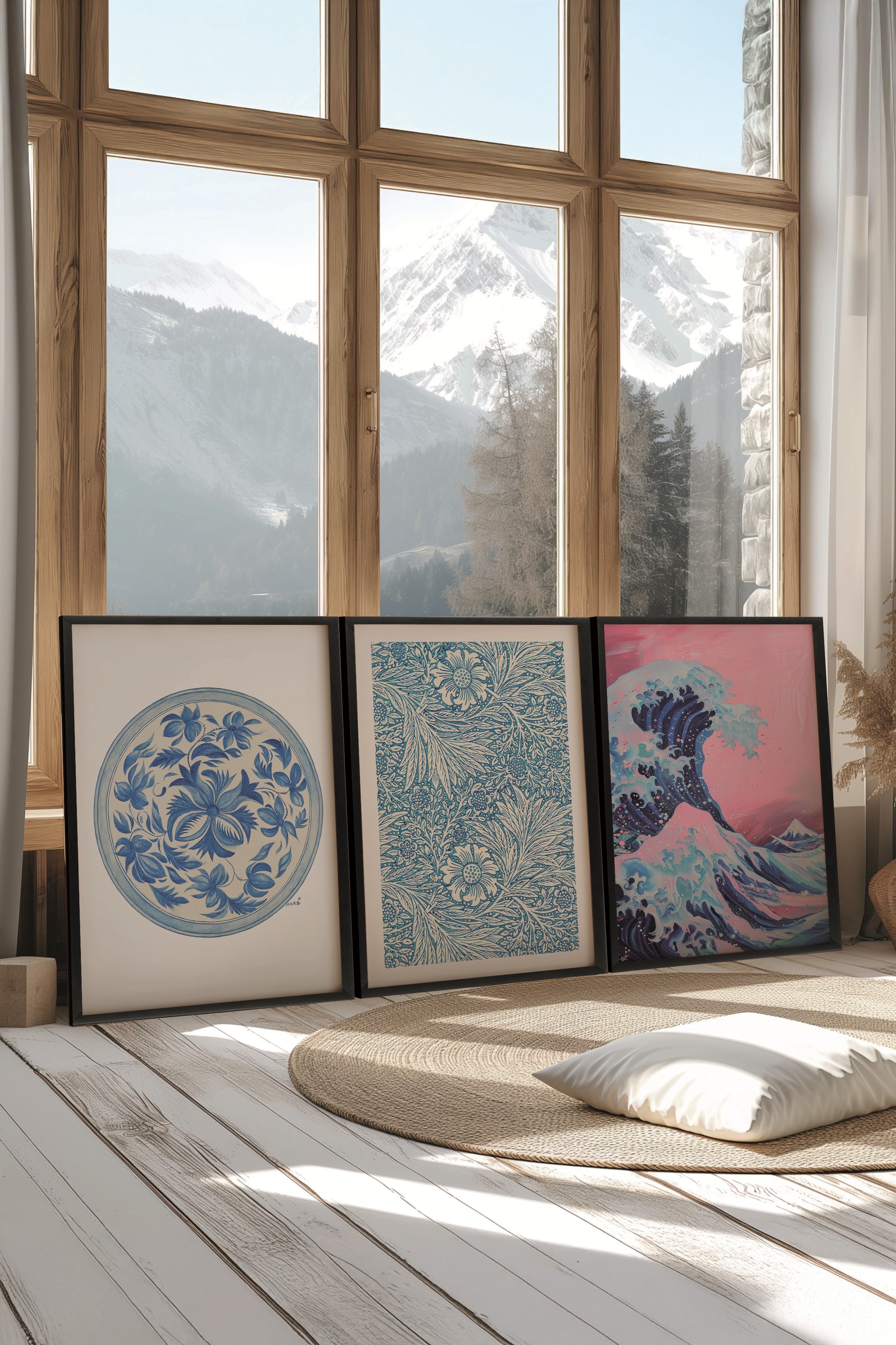 Siyah Tablo Seti, 3 Adet Siyah Çerçeveli Poster Hokusai Waves Model No:300866, Pembe Duvar Dekor