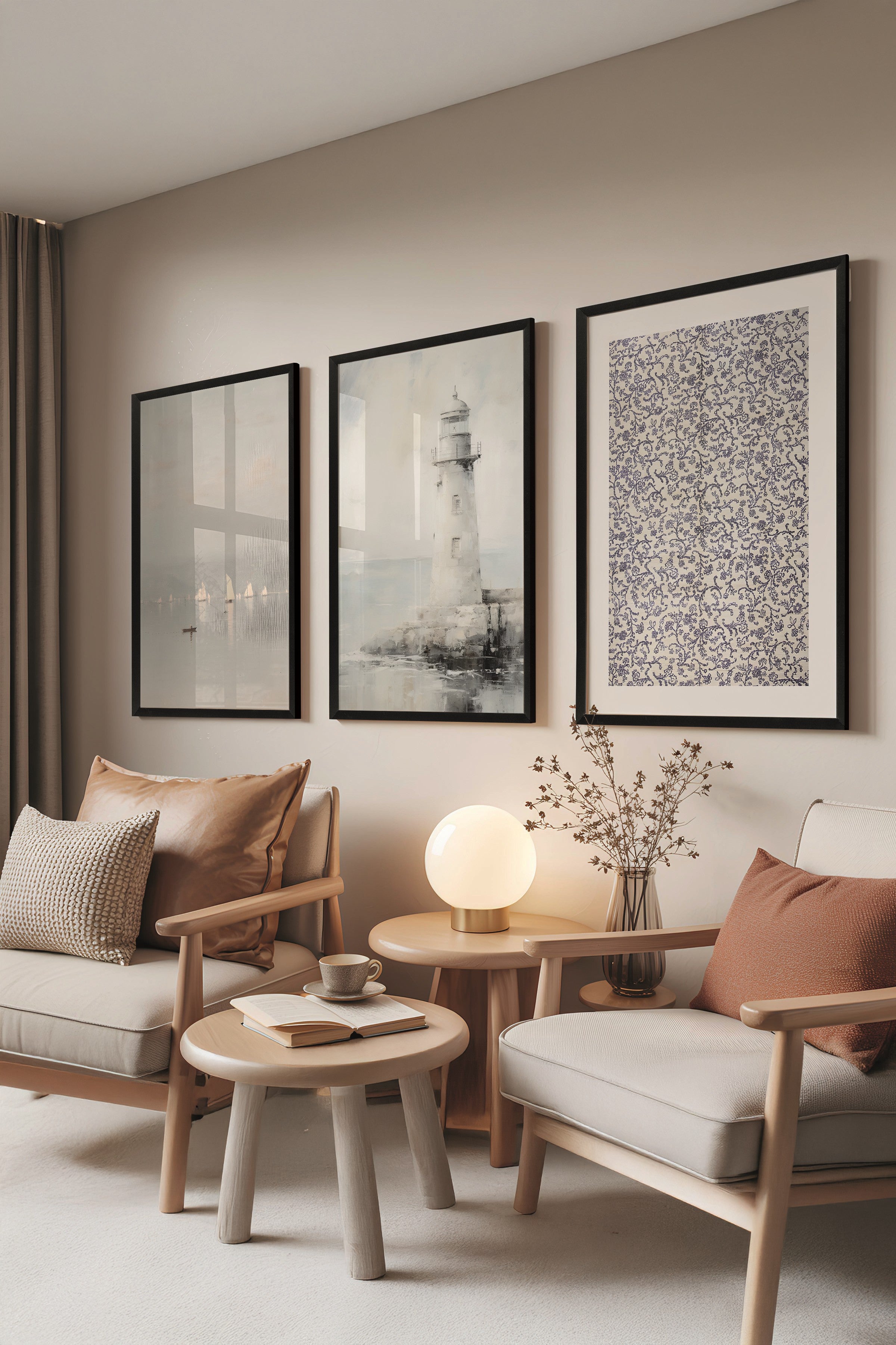 Siyah Tablo Seti, 3 Adet Siyah Çerçeveli Poster Land Model No:300891, Gri ve Mavi Duvar Dekoru