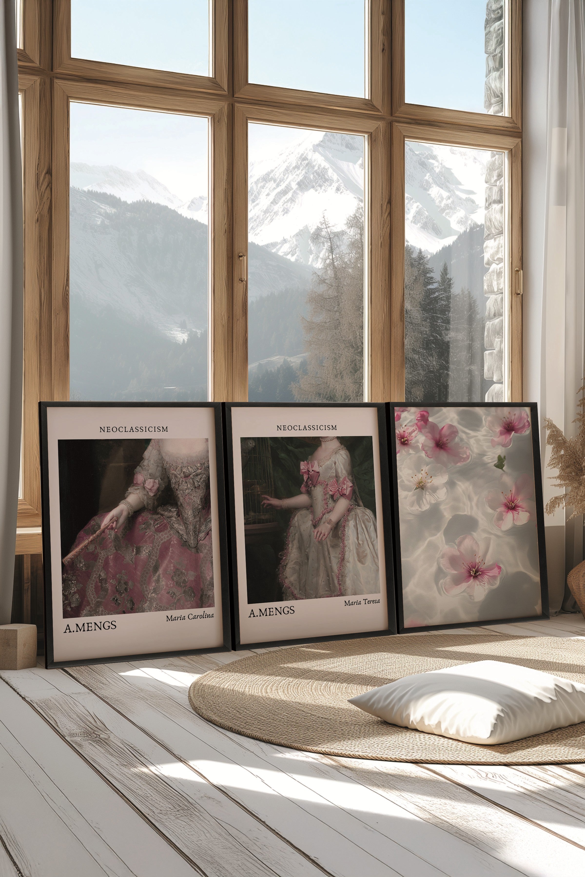 Siyah Tablo Seti, 3 Adet Siyah Çerçeveli Poster Neoclassicism Model No:300813, Pembe ve Siyah Dekor