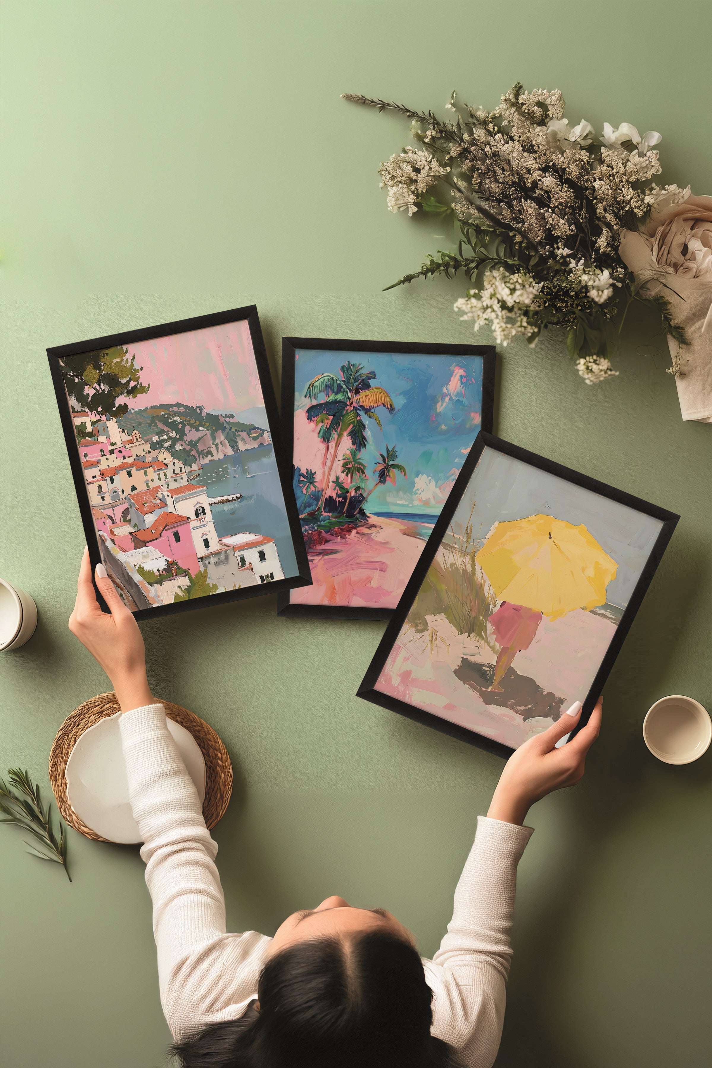 Siyah Tablo Seti, 3 Adet Siyah Çerçeveli Poster Pembe Sahil Model No:300898, Renkli Duvar Dekoru