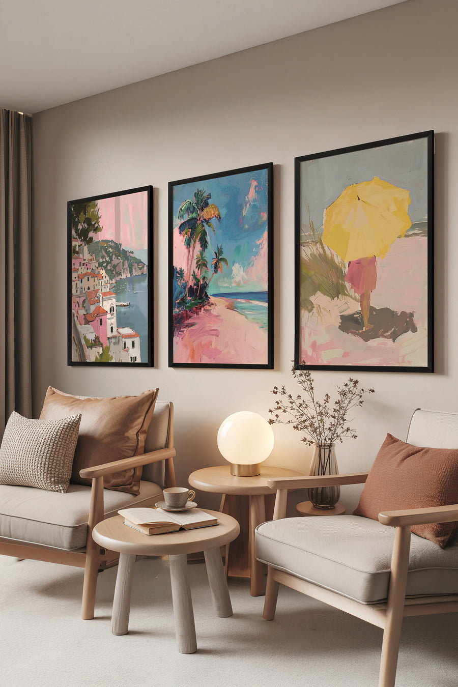 Siyah Tablo Seti, 3 Adet Siyah Çerçeveli Poster Pembe Sahil Model No:300898, Renkli Duvar Dekoru