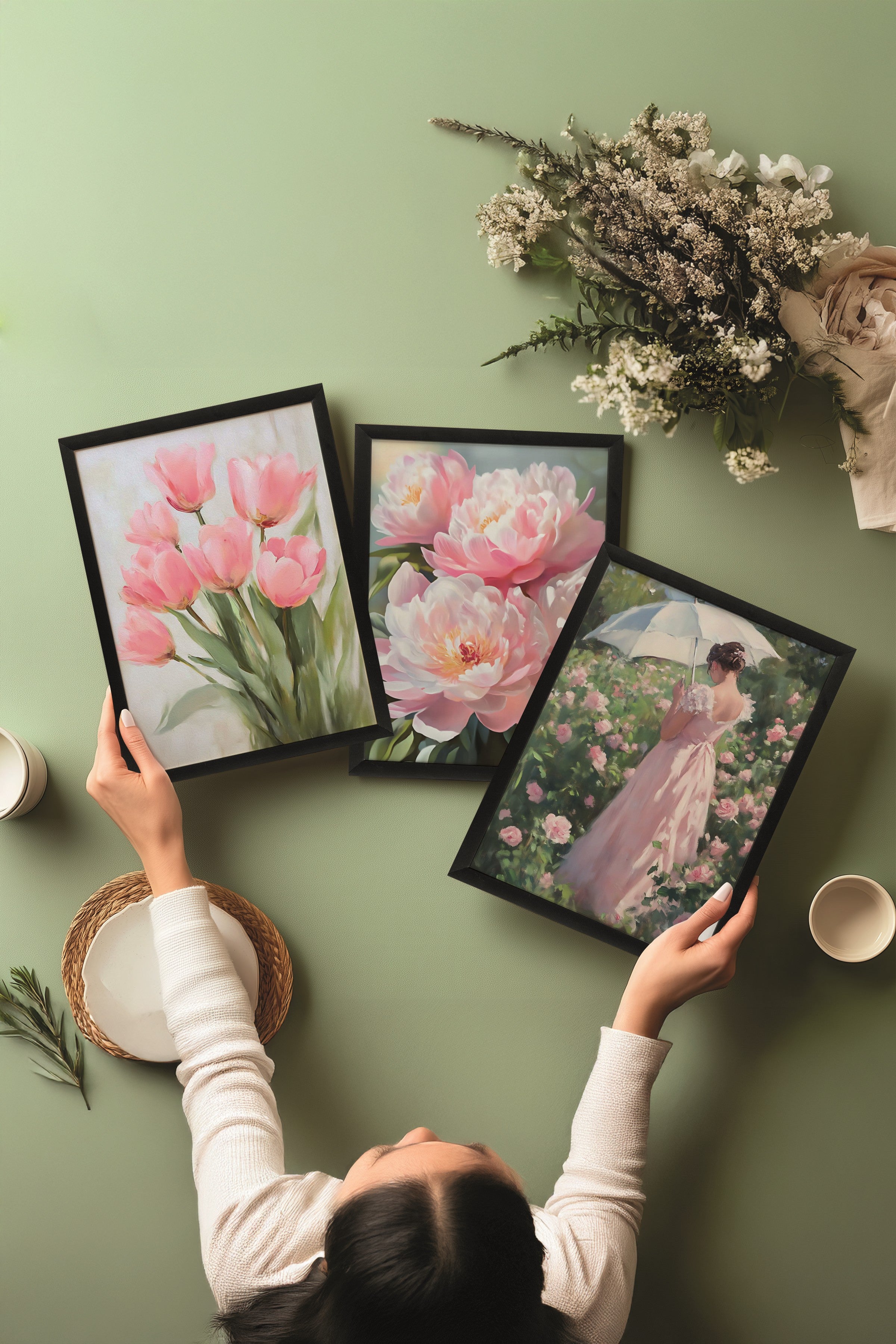 Siyah Tablo Seti, 3 Adet Siyah Çerçeveli Poster pinky flower Model No:300894, Pembe Duvar Dekoru