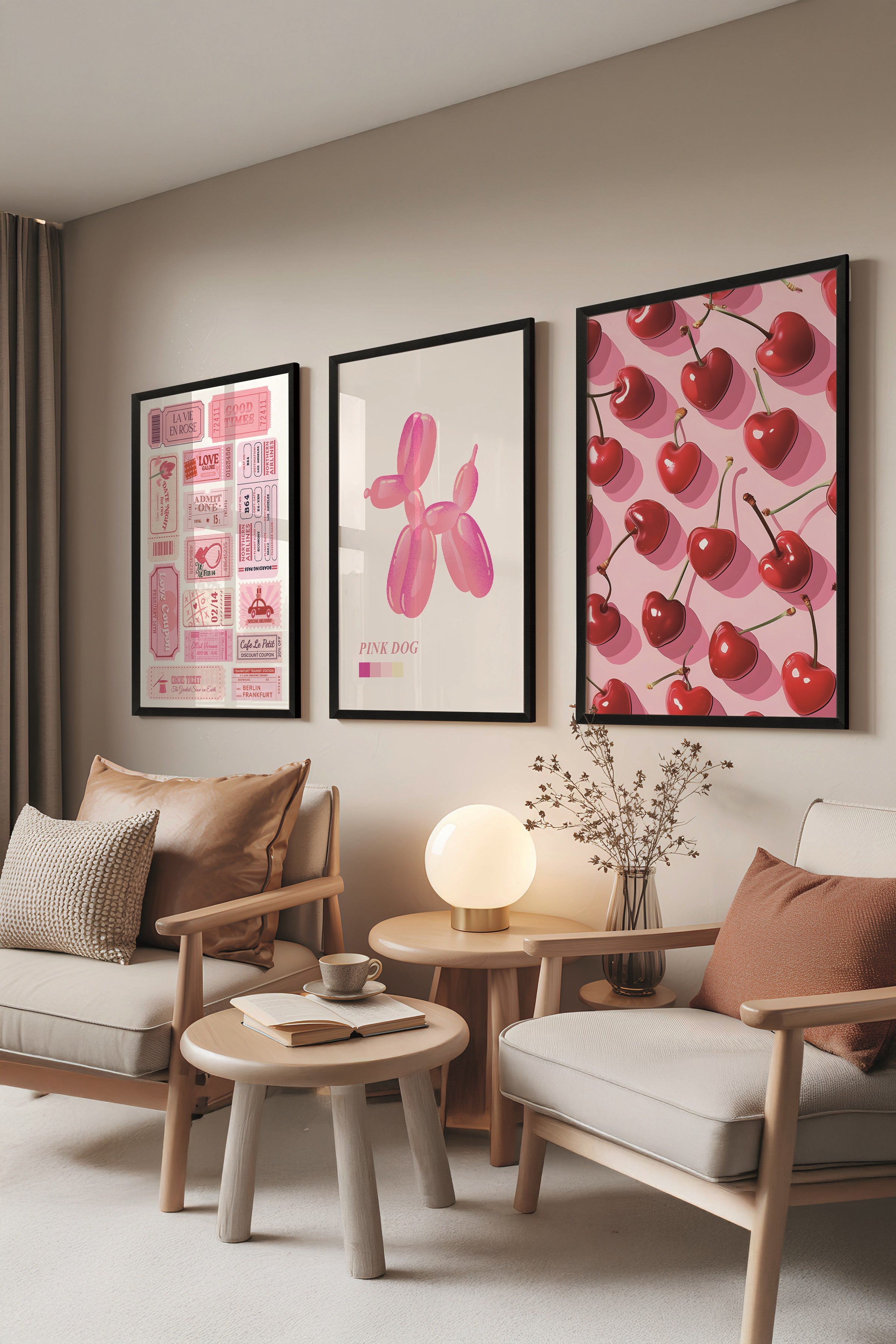 Siyah Tablo Seti, 3 Adet Siyah Çerçeveli Poster Preppy Model No:300893, Pembe Duvar Dekoru