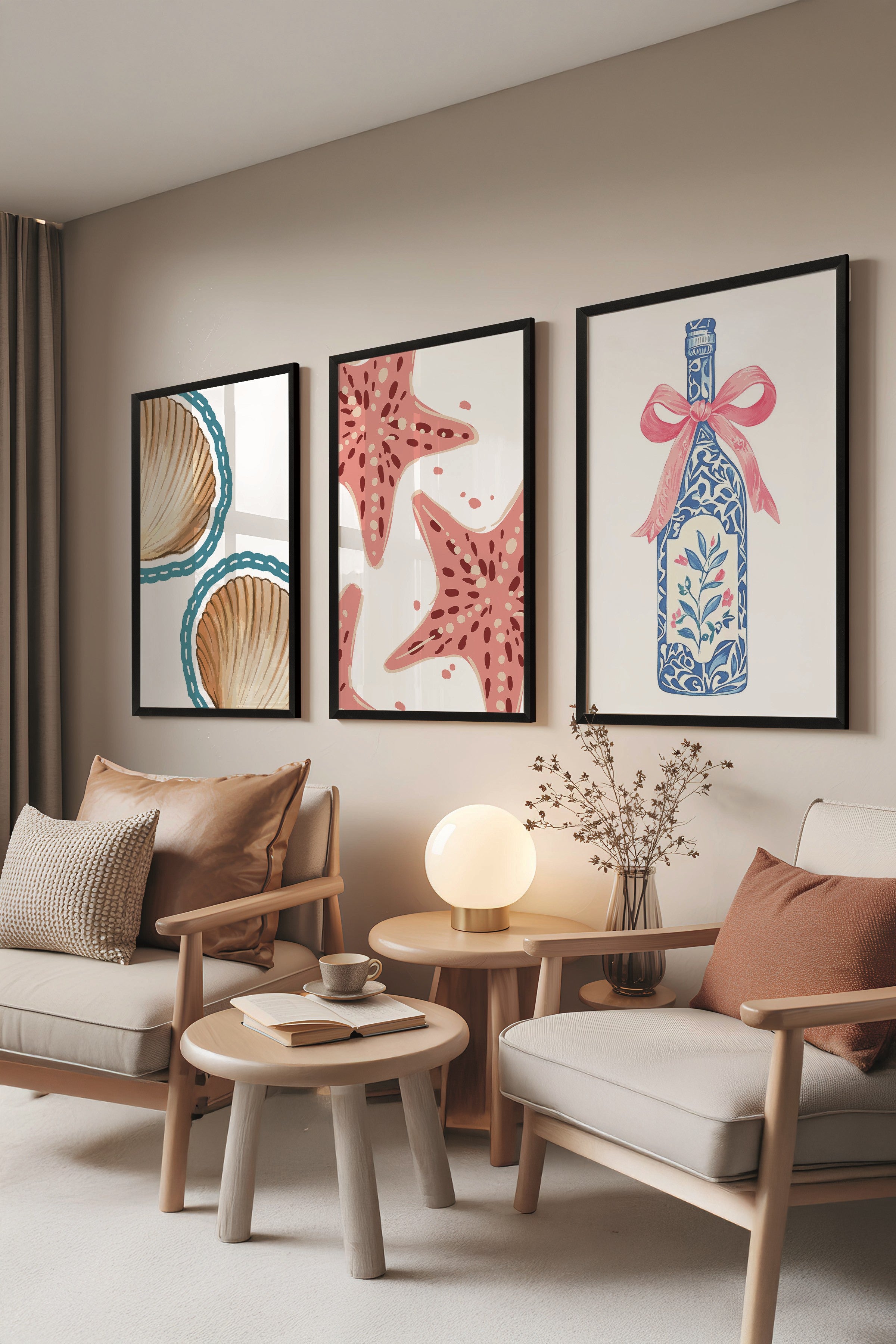 Siyah Tablo Seti, 3 Adet Siyah Çerçeveli Poster Sea Bottle Model No:300849, Mavi Duvar Dekor