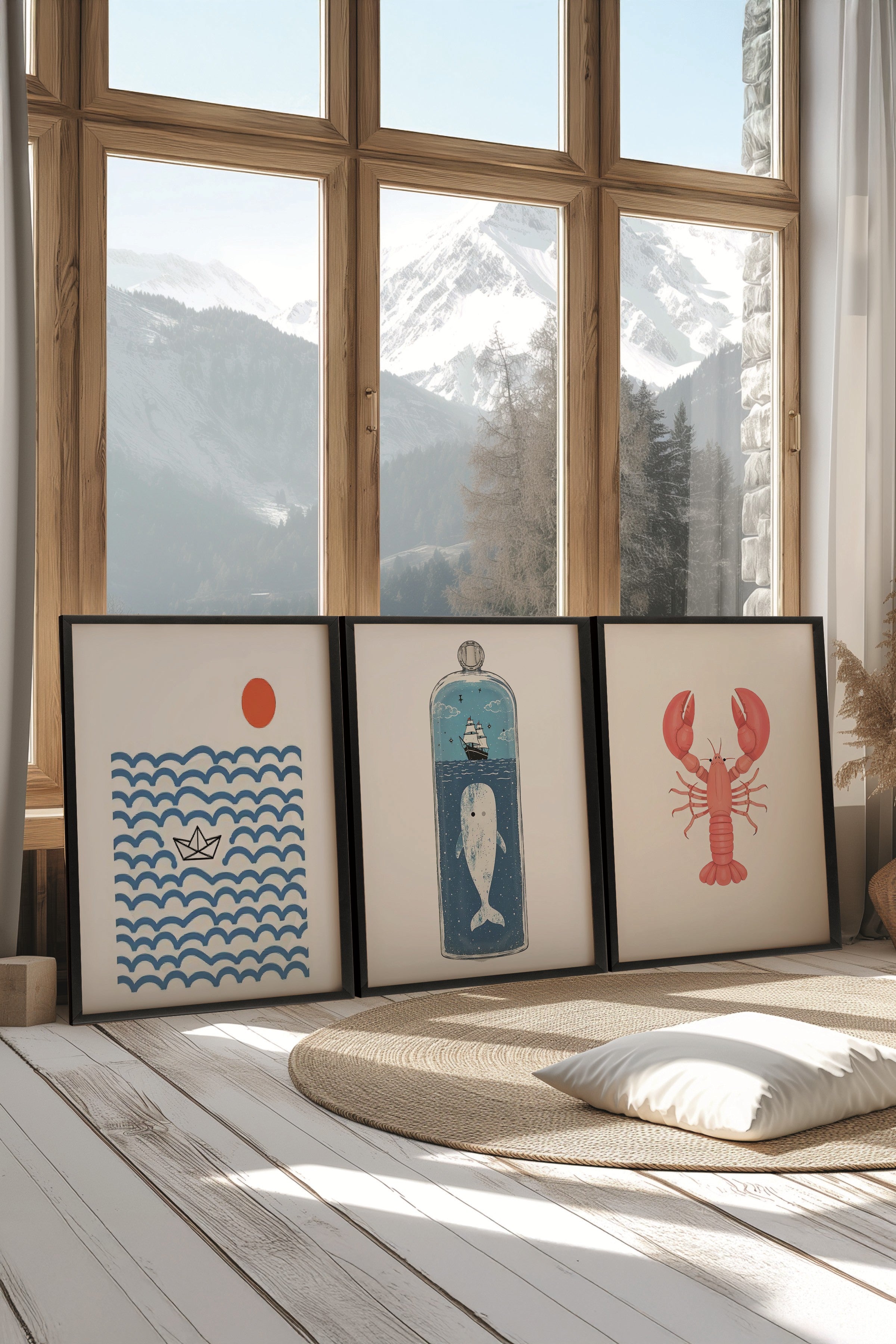 Siyah Tablo Seti, 3 Adet Siyah Çerçeveli Poster Sea Icons Model No:300831, Mavi Duvar Dekoru