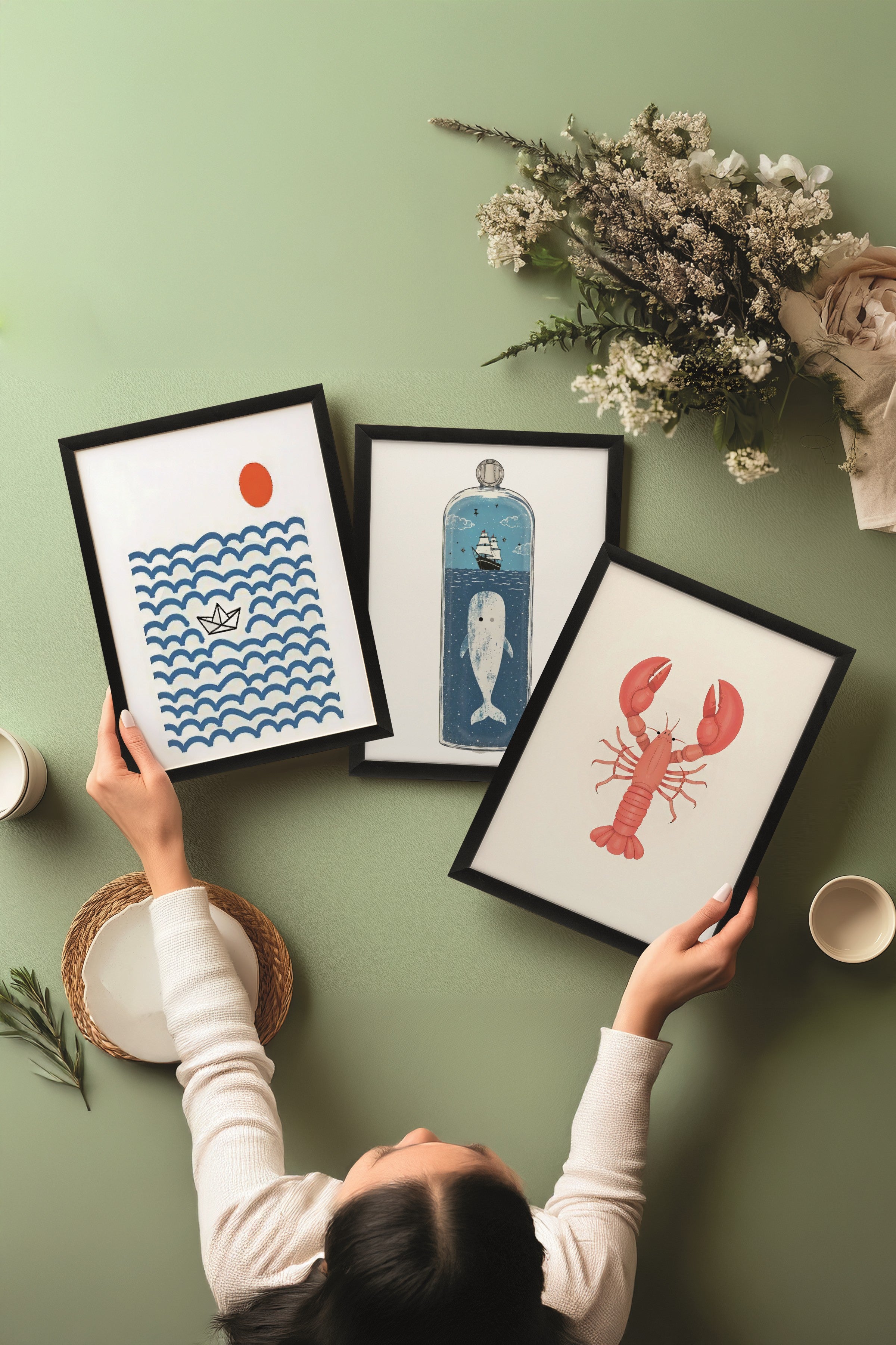 Siyah Tablo Seti, 3 Adet Siyah Çerçeveli Poster Sea Icons Model No:300831, Mavi Duvar Dekoru