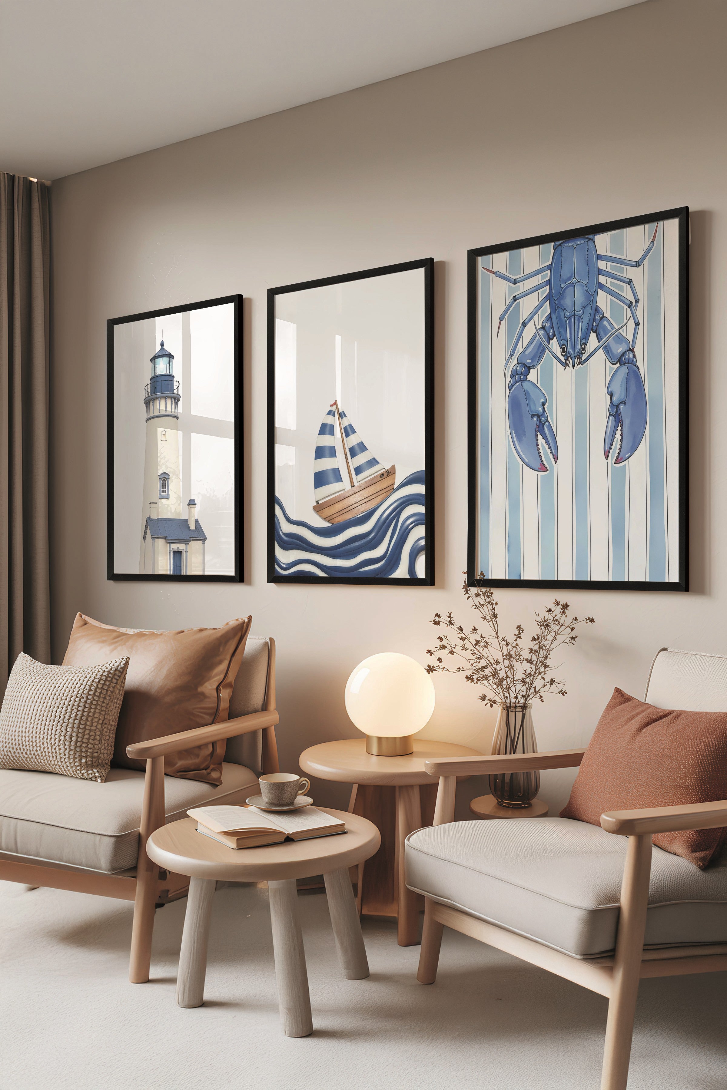Siyah Tablo Seti, 3 Adet Siyah Çerçeveli Poster Sea Shows Model No:300828, Mavi Duvar Dekoru