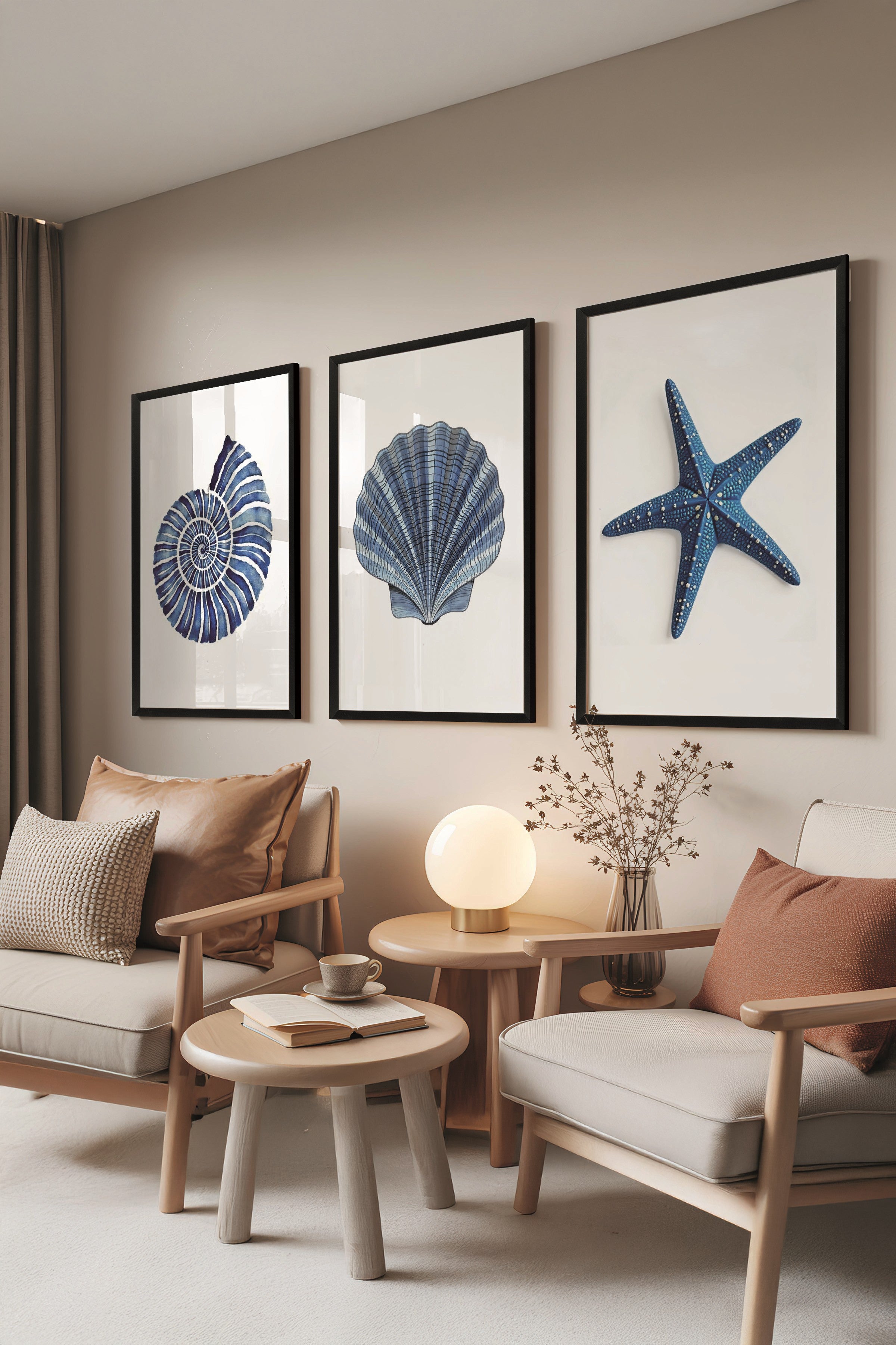 Siyah Tablo Seti, 3 Adet Siyah Çerçeveli Poster Seashells Model No:300890, Mavi Duvar Dekoru