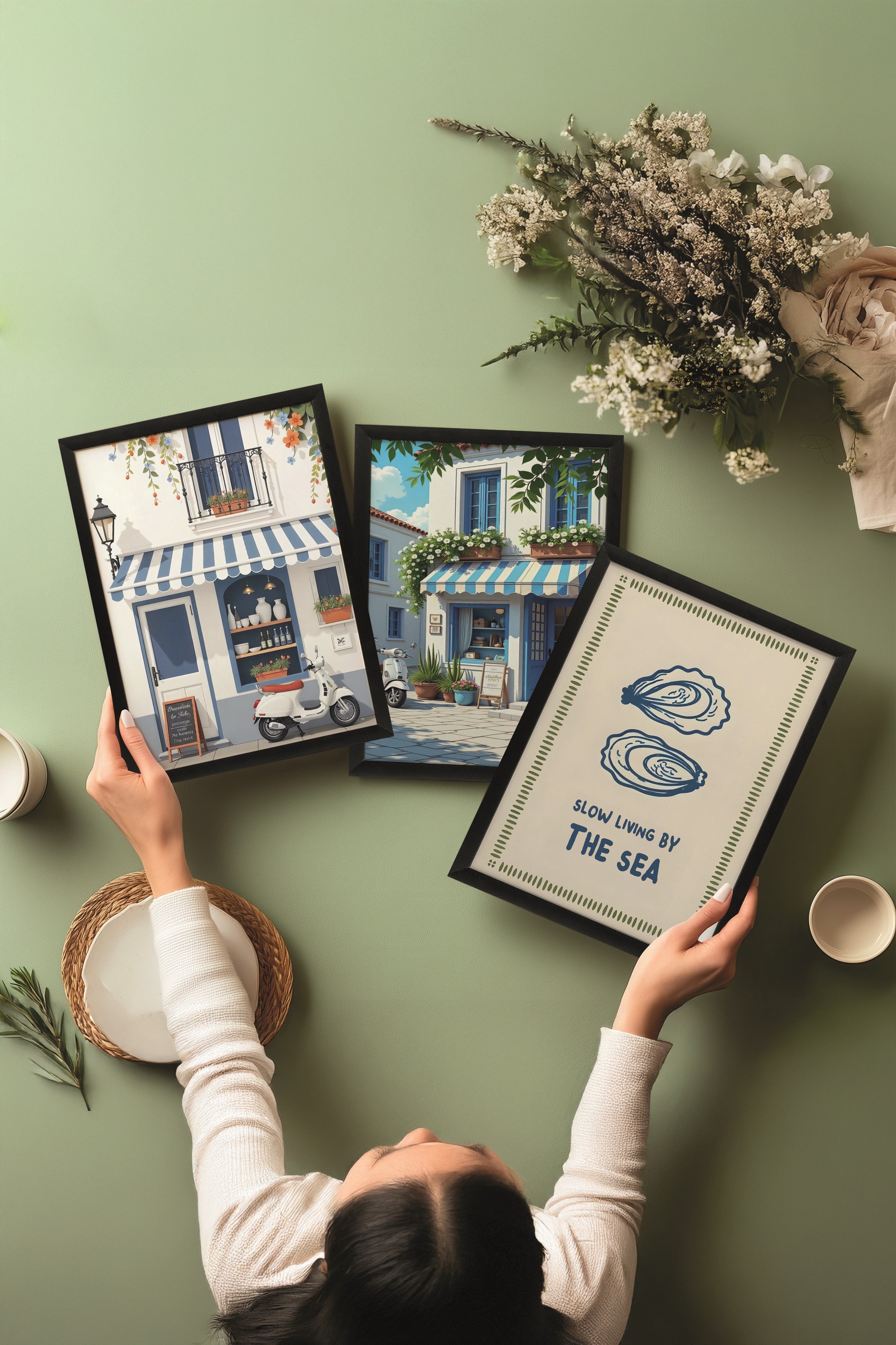 Siyah Tablo Seti, 3 Adet Siyah Çerçeveli Poster Slow Living by the Sea Model No:300860, Duvar Dekoru