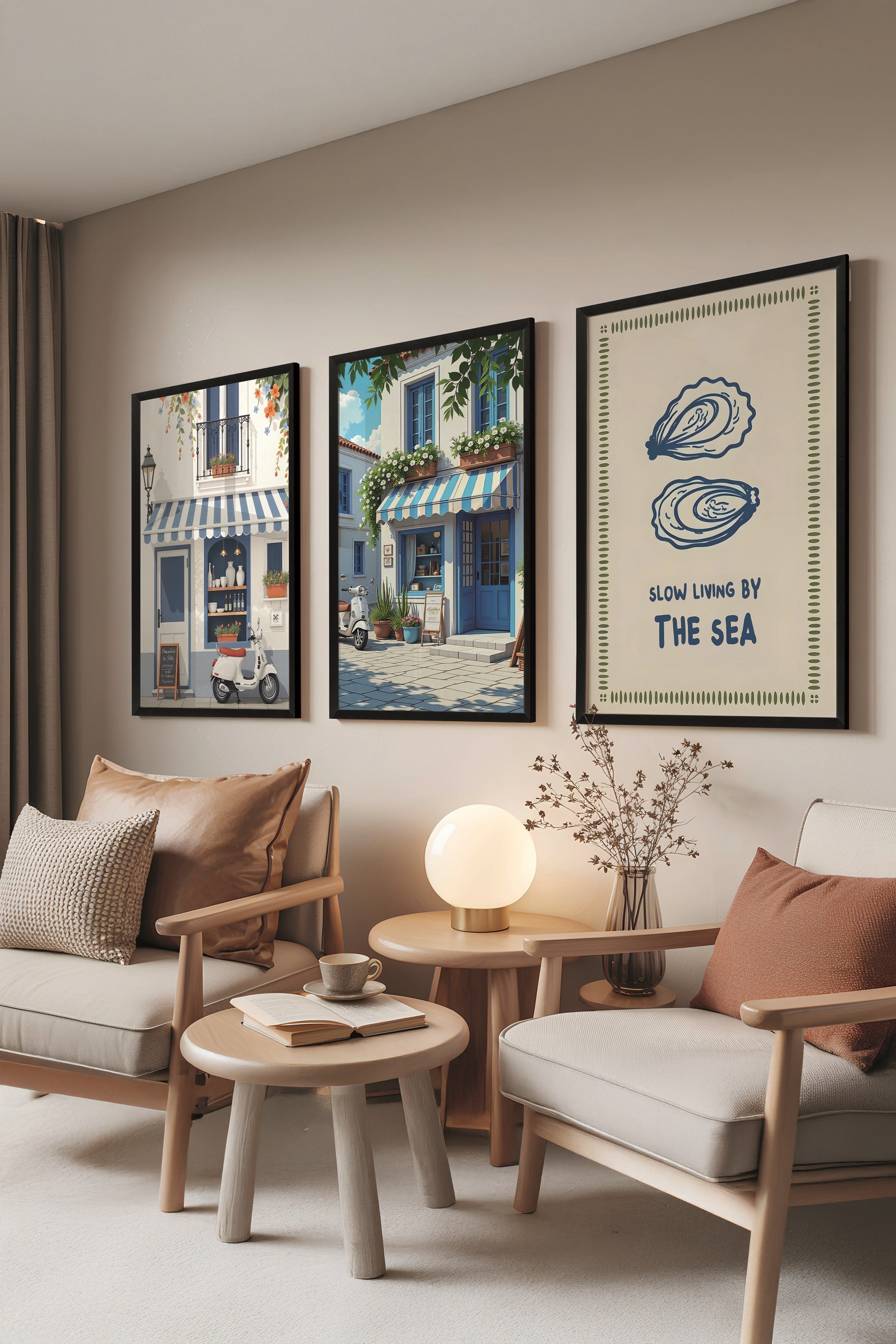 Siyah Tablo Seti, 3 Adet Siyah Çerçeveli Poster Slow Living by the Sea Model No:300860, Duvar Dekoru