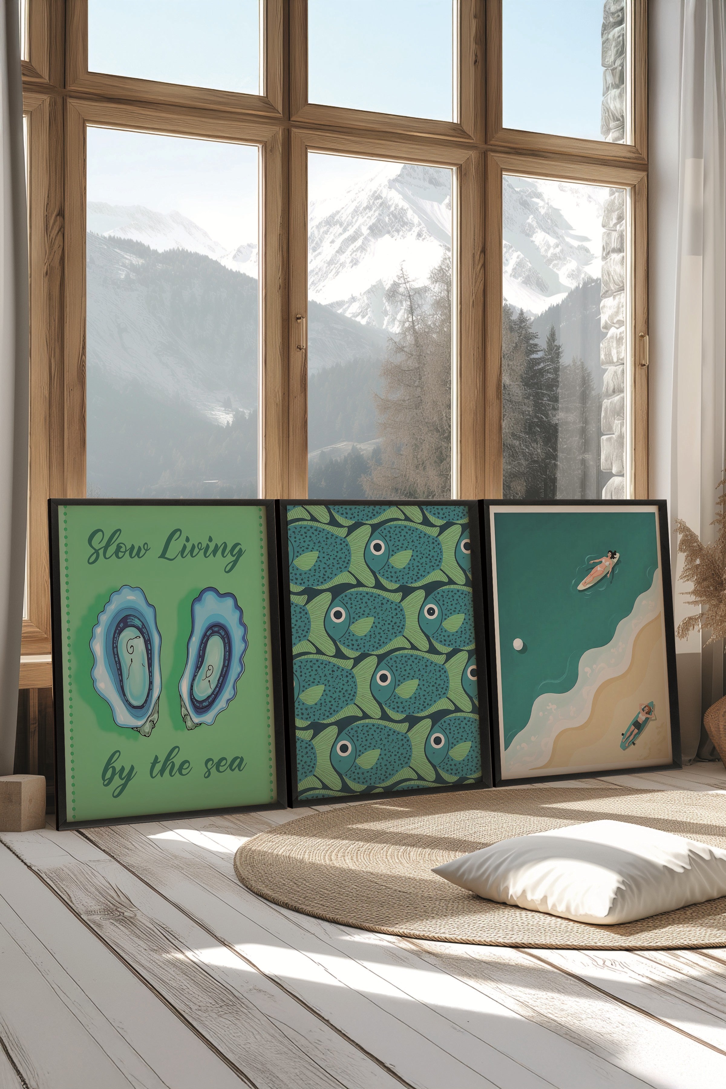 Siyah Tablo Seti, 3 Adet Siyah Çerçeveli Poster slow living Model No:300852, Yeşil Duvar Dekoru