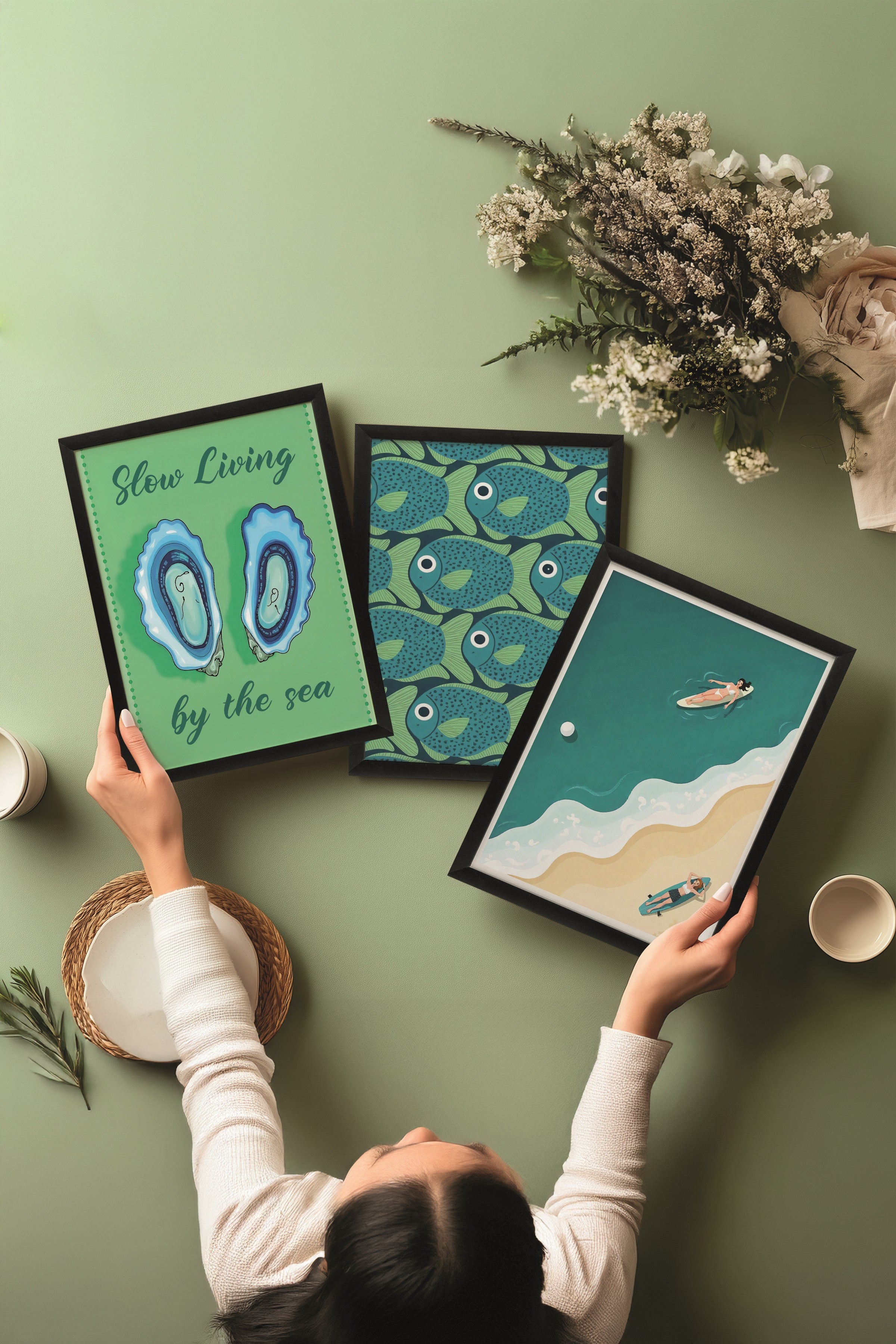 Siyah Tablo Seti, 3 Adet Siyah Çerçeveli Poster slow living Model No:300852, Yeşil Duvar Dekoru