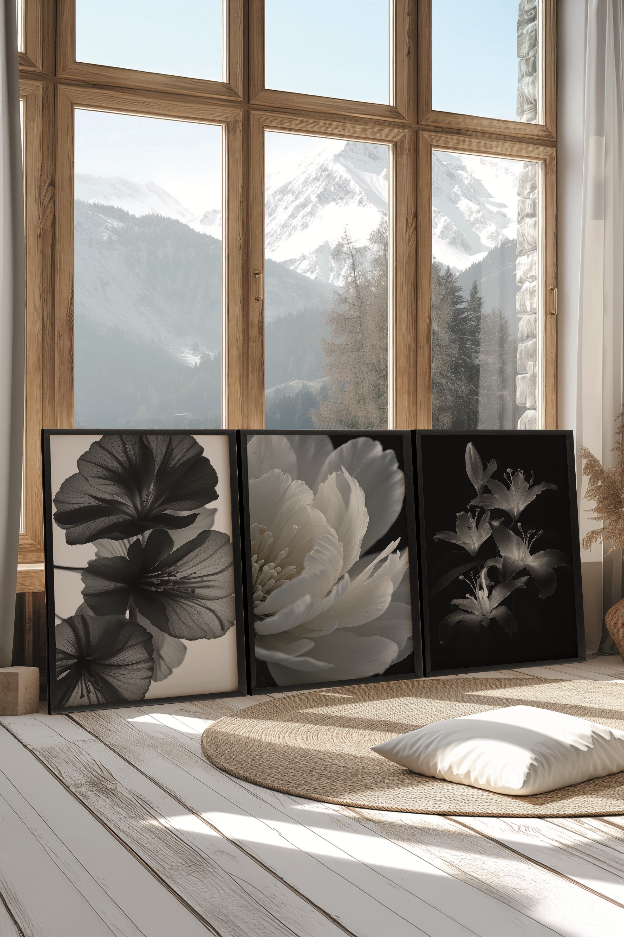 Siyah Tablo Seti, 3 Adet Siyah Çerçeveli Poster Soft Flowers Model No:300801, Duvar Dekoru