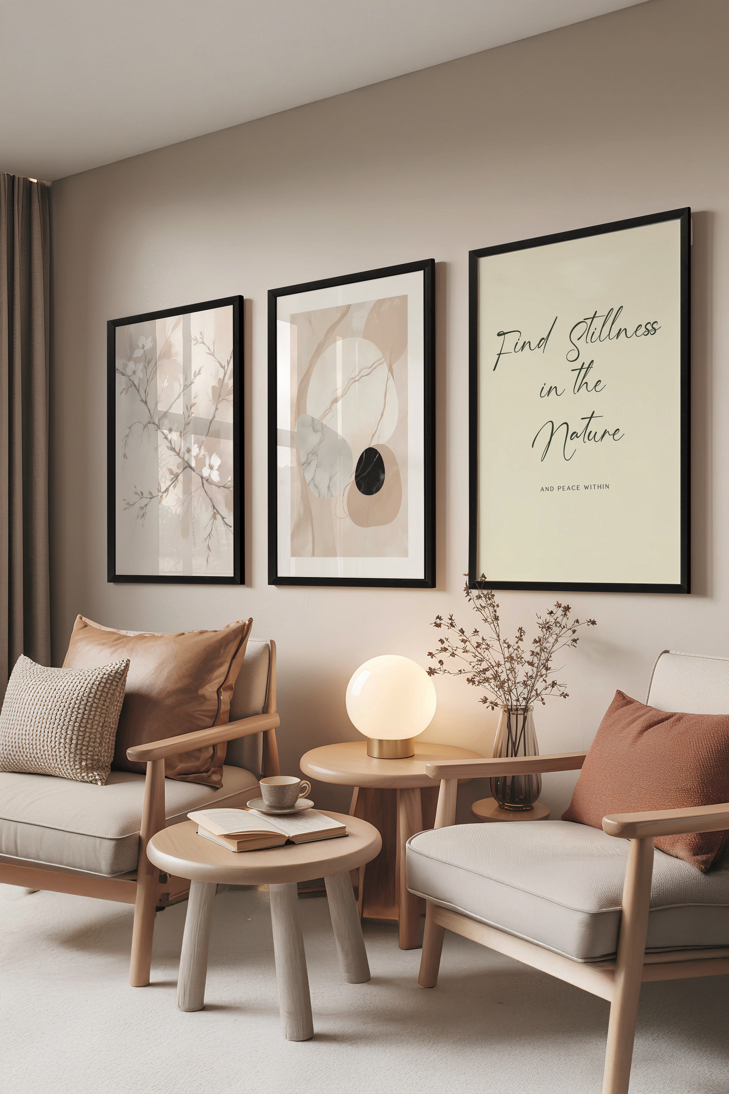 Siyah Tablo Seti, 3 Adet Siyah Çerçeveli Poster Soft Vibe Model No:300808, Bej ve Krem Duvar Dekoru