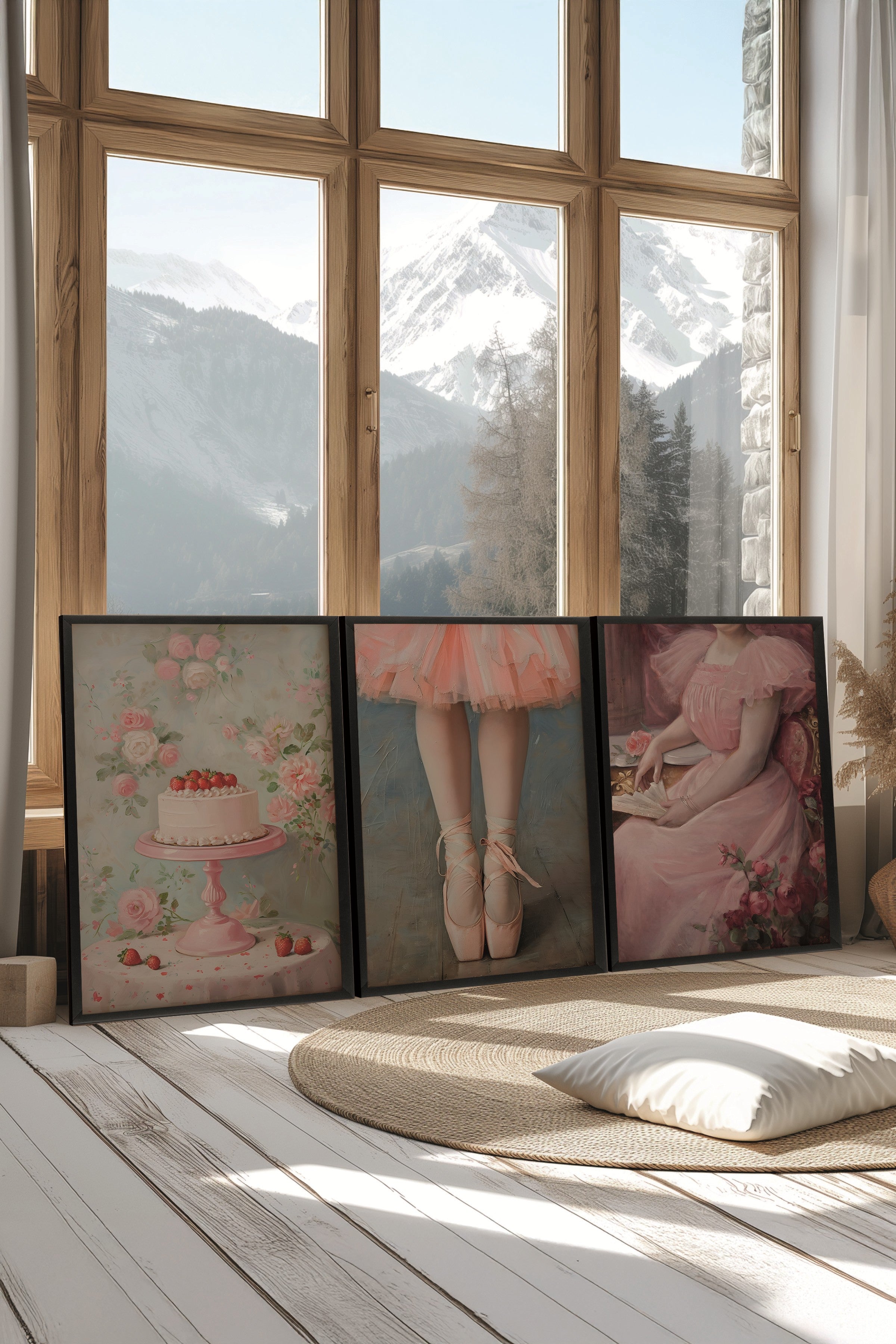 Siyah Tablo Seti, 3 Adet Siyah Çerçeveli Poster Strawberry Cake Model No:300892, Pembe Duvar Dekoru