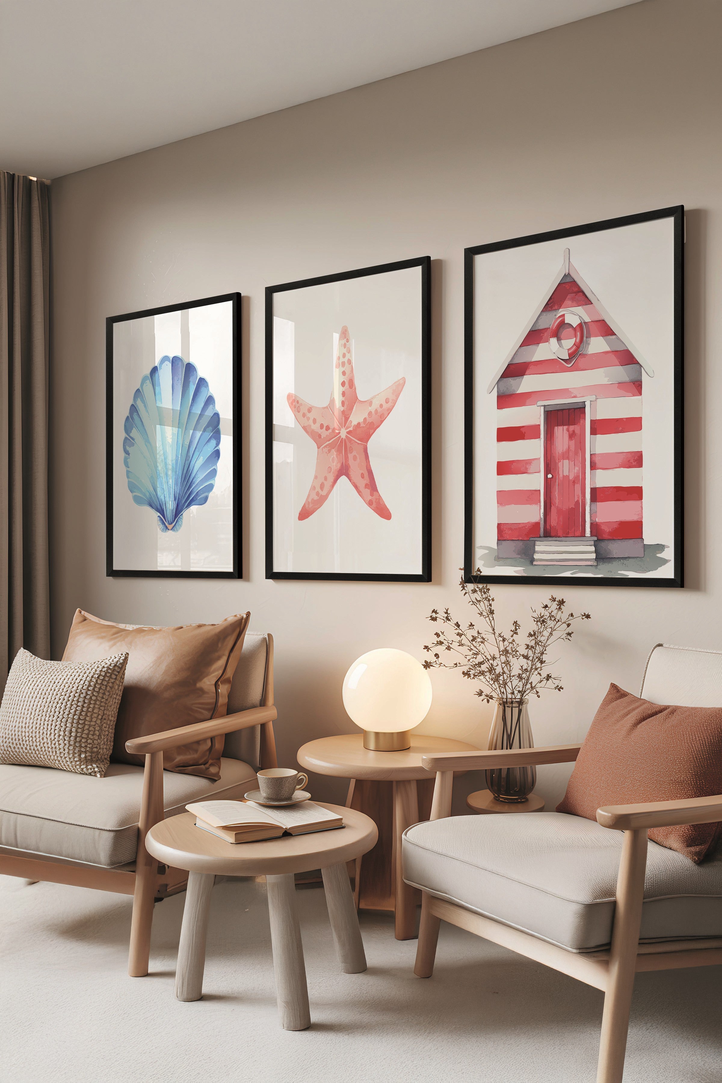 Siyah Tablo Seti, 3 Adet Siyah Çerçeveli Poster Summer icons Model No:300824, Renkli Duvar Dekoru