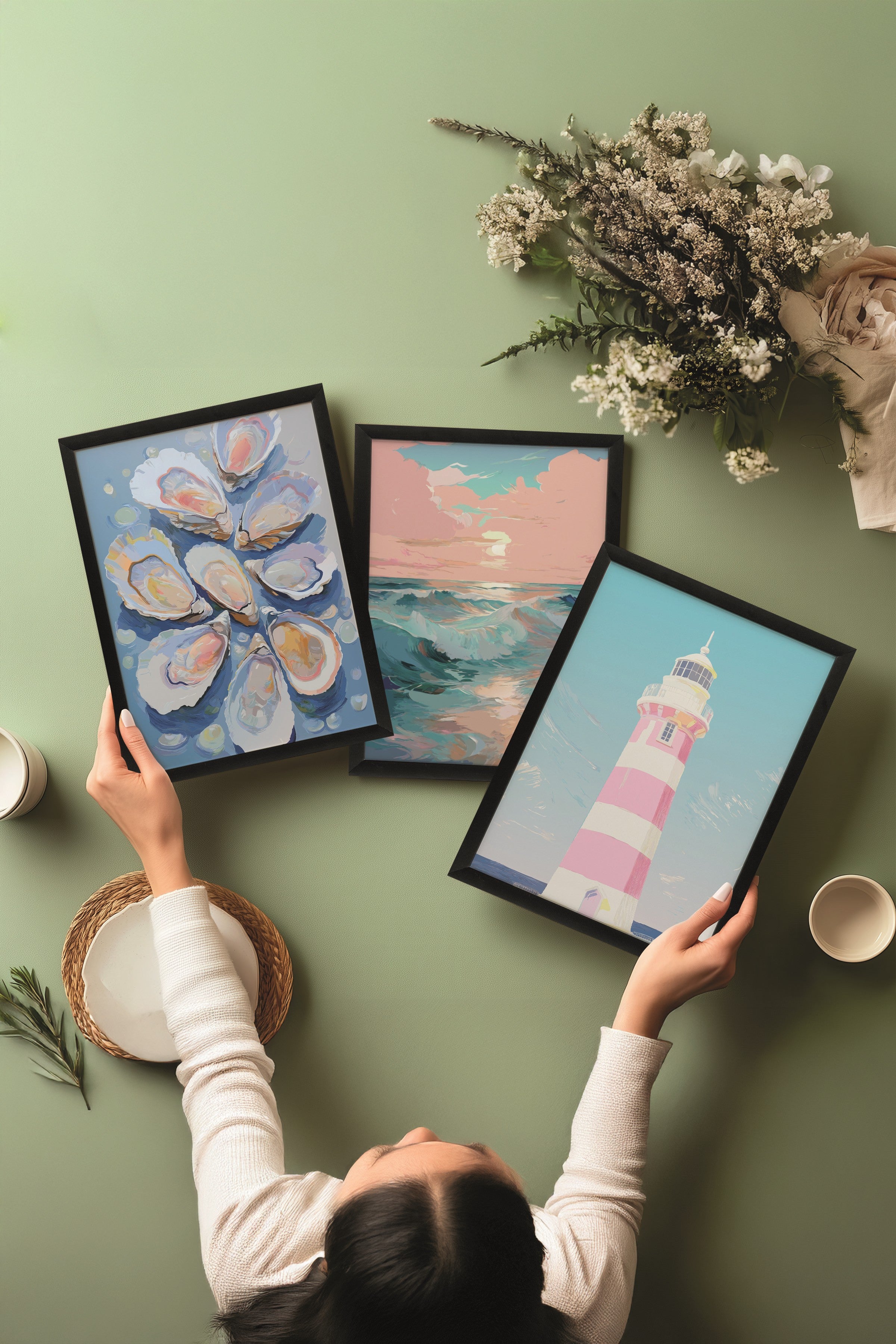 Siyah Tablo Seti, 3 Adet Siyah Çerçeveli Poster summer Model No:300823, Pembe ve Mavi Duvar Dekoru