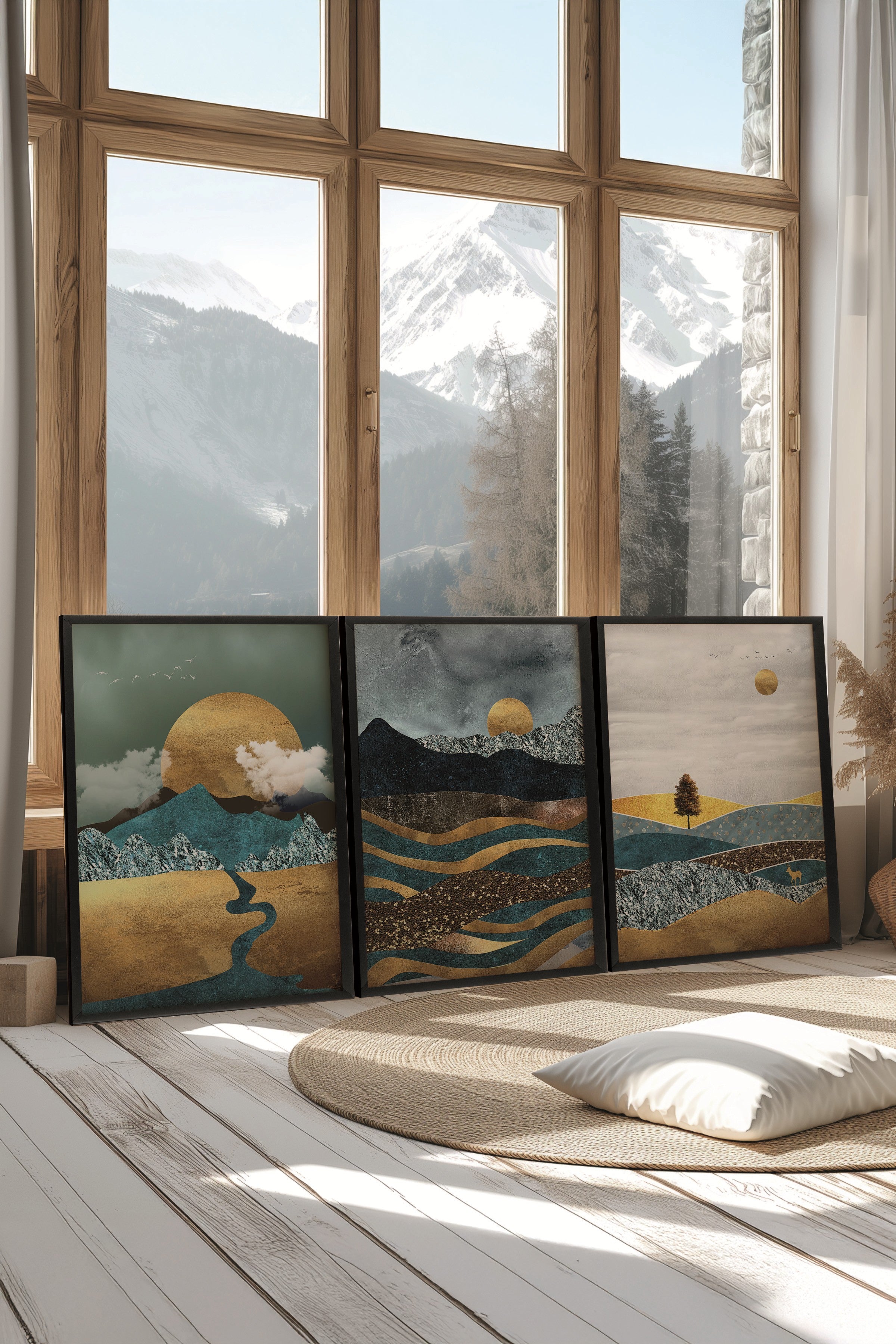 Siyah Tablo Seti, 3 Adet Siyah Çerçeveli Poster Sun by the Mountain Model No:300884, Duvar Dekoru